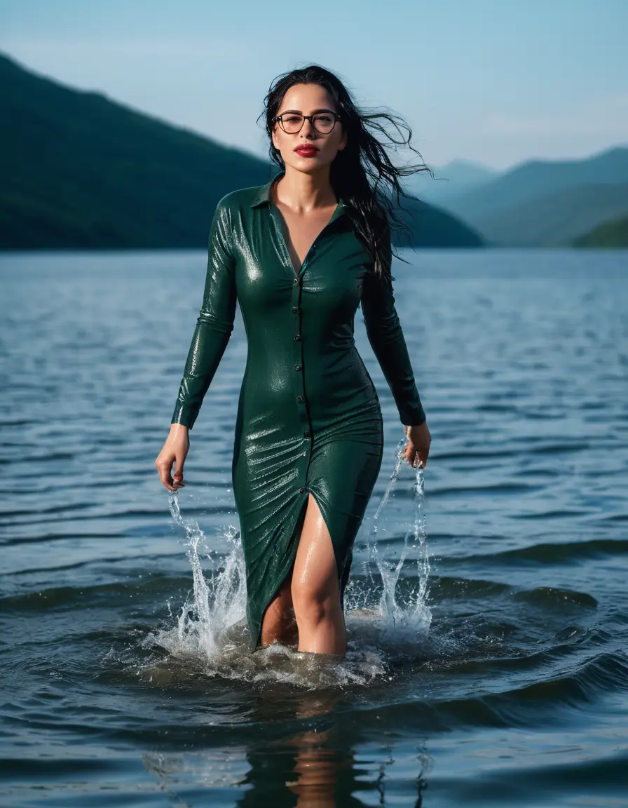 photo of young woman, in soaking wet, drenched clothes,
Sport shoes , long dark green tight dress with buttons, long dark green tight dress, walking in Sunny Deep lake, 
enjoying, wet clothes stuck to body,
detailed textures of the wet clothes, wet face, wet plastered hair,
wet, drenched, professional, high-quality details, full body view.
sharp focus, ultra-high pixel detail, realistic, high-quality, full colors, incredibly detailed, 4k, 8k, 16k, hyper-realistic, RAW photo, masterpiece, ultra-detailed, professionally color graded, professional photograph, woman 51 years old, long black hair, very big and thick lips, office light glasses, complete body, open mouth