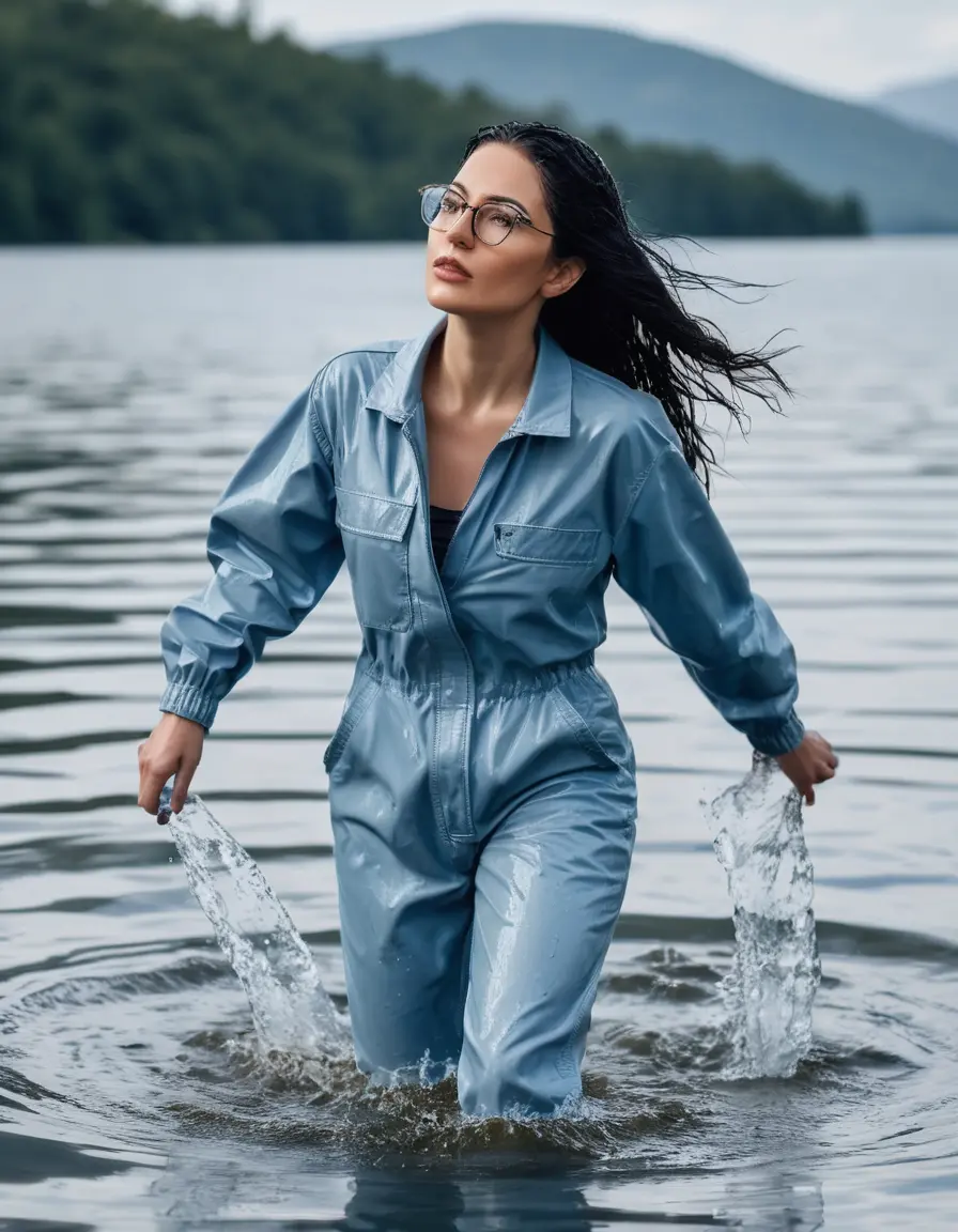 photo of young woman, in soaking wet, drenched clothes,
Sport shoes , long light blue tight jeans boilersuit with short sleeves, long light blue tight jeans boilersuit with short sleeves, walking in Sunny Deep lake, 
enjoying, wet clothes stuck to body,
detailed textures of the wet clothes, wet face, wet plastered hair,
wet, drenched, professional, high-quality details, full body view.
sharp focus, ultra-high pixel detail, realistic, high-quality, full colors, incredibly detailed, 4k, 8k, 16k, hyper-realistic, RAW photo, masterpiece, ultra-detailed, professionally color graded, professional photograph, woman 51 years old, long black hair, very big and thick lips, office light glasses, complete body, open mouth