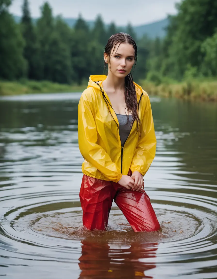 photo of young woman, in soaking wet, drenched clothes,
yellow wellies, long red shiny nylon rainpants, yellow thin nylon top sideboobs, wading in the lake, 
enjoying, wet clothes stuck to body,
detailed textures of the wet clothes, wet face, wet plastered hair,
wet, drenched, professional, high-quality details, full body view.
sharp focus, ultra-high pixel detail, realistic, high-quality, full colors, incredibly detailed, 4k, 8k, 16k, hyper-realistic, RAW photo, masterpiece, ultra-detailed, professionally color graded, professional photograph