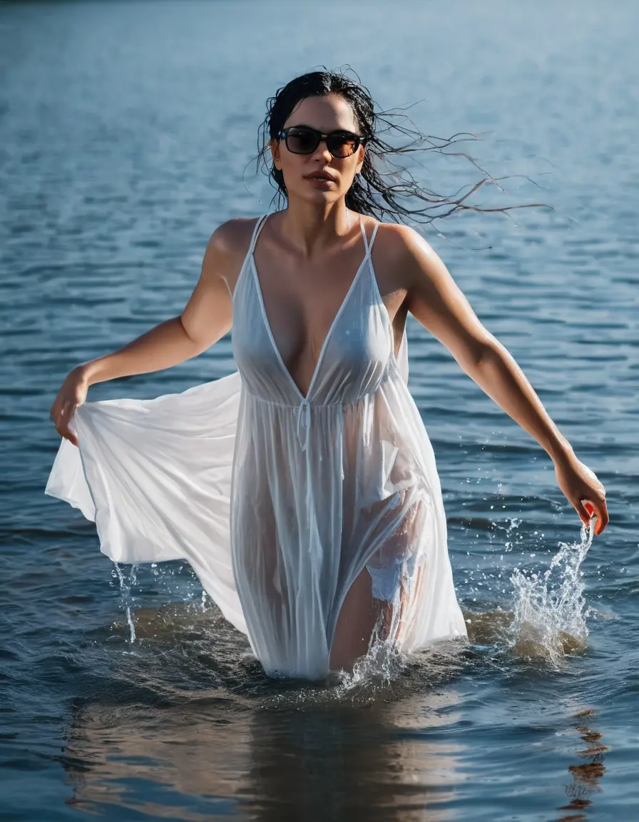 photo of young woman, in soaking wet, drenched clothes,
Sport shoes , maxi white transparent dress, maxi white transparent dress, walking in Sunny Deep lake, 
enjoying, wet clothes stuck to body,
detailed textures of the wet clothes, wet face, wet plastered hair,
wet, drenched, professional, high-quality details, full body view.
sharp focus, ultra-high pixel detail, realistic, high-quality, full colors, incredibly detailed, 4k, 8k, 16k, hyper-realistic, RAW photo, masterpiece, ultra-detailed, professionally color graded, professional photograph, woman 51 years old, medium black hair, very big and thick lips, office light glasses, complete body, open mouth
