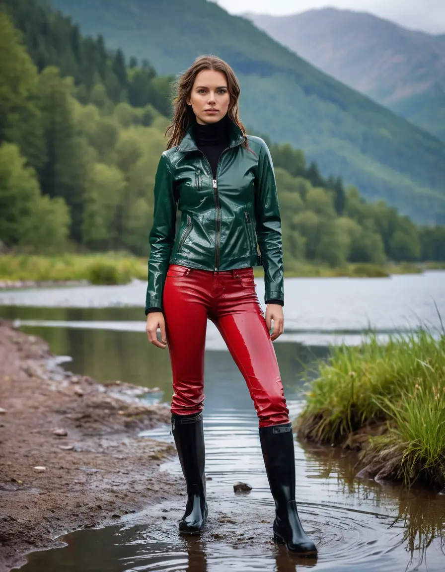 photo of young woman, in soaking wet, drenched clothes,
tight leather boots, skin red leather jeans, slim fit green biker leather jacket, tight black latex turtleneck sweater,, walking in the morning along a hiking path with a lake in the background, dirty, 
enjoying, wet clothes stuck to body,
detailed textures of the wet clothes, wet face, wet plastered hair,
wet, drenched, professional, high-quality details, full body view.
sharp focus, ultra-high pixel detail, realistic, high-quality, full colors, incredibly detailed, 4k, 8k, 16k, hyper-realistic, RAW photo, masterpiece, ultra-detailed, professionally color graded, professional photograph, white woman, long dripping wet brown hair