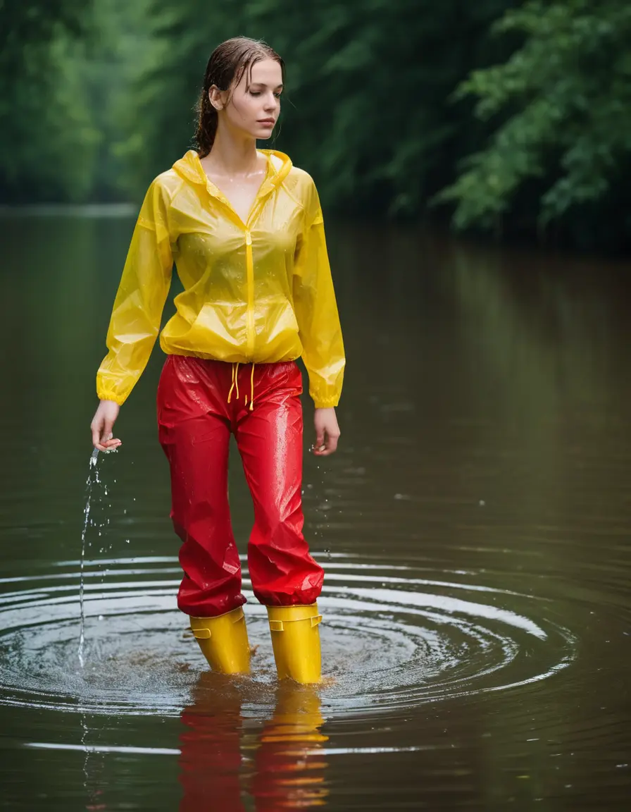 photo of young woman, in soaking wet, drenched clothes,
yellow wellies, long red shiny nylon rainpants, yellow thin nylon top sideboobs, wading in the lake, 
enjoying, wet clothes stuck to body,
detailed textures of the wet clothes, wet face, wet plastered hair,
wet, drenched, professional, high-quality details, full body view.
sharp focus, ultra-high pixel detail, realistic, high-quality, full colors, incredibly detailed, 4k, 8k, 16k, hyper-realistic, RAW photo, masterpiece, ultra-detailed, professionally color graded, professional photograph
