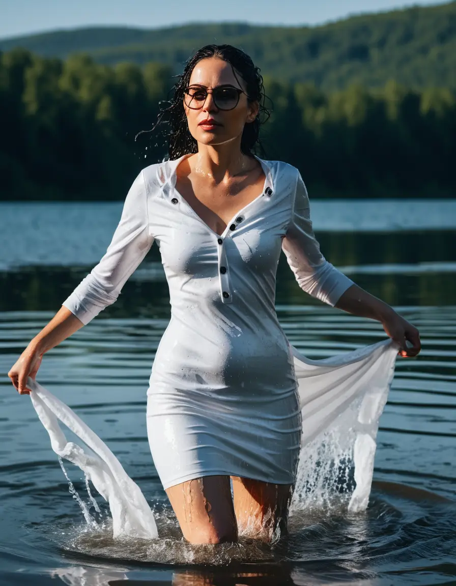 photo of young woman, in soaking wet, drenched clothes,
Sport shoes , midi white tight dress with buttons, midi white tight dress, walking in Sunny Deep lake, 
enjoying, wet clothes stuck to body,
detailed textures of the wet clothes, wet face, wet plastered hair,
wet, drenched, professional, high-quality details, full body view.
sharp focus, ultra-high pixel detail, realistic, high-quality, full colors, incredibly detailed, 4k, 8k, 16k, hyper-realistic, RAW photo, masterpiece, ultra-detailed, professionally color graded, professional photograph, woman 51 years old, long black hair, very big and thick lips, office light glasses, complete body, open mouth