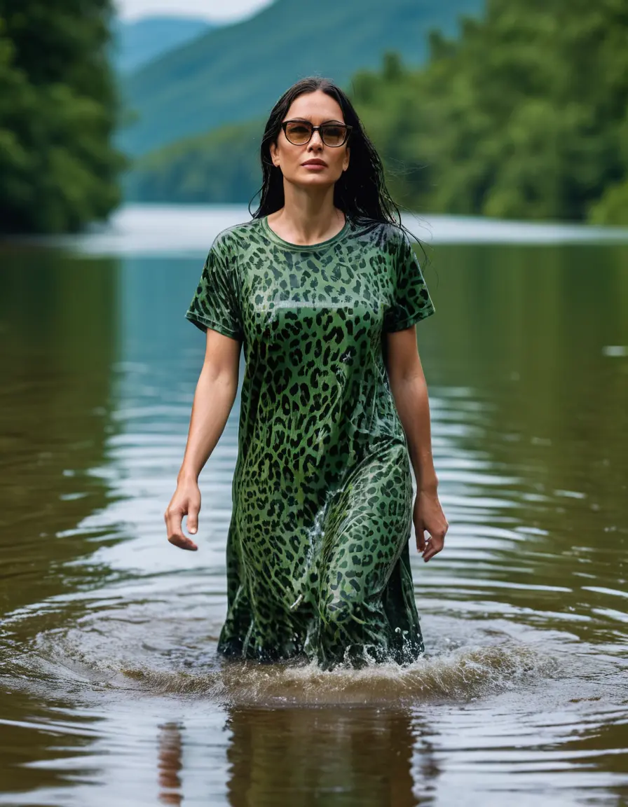 photo of young woman, in soaking wet, drenched clothes,
Sport shoes , maxi green leopard printed t-shirt dress, maxi green leopard printed t-shirt dress, walking in Sunny Deep lake, 
enjoying, wet clothes stuck to body,
detailed textures of the wet clothes, wet face, wet plastered hair,
wet, drenched, professional, high-quality details, full body view.
sharp focus, ultra-high pixel detail, realistic, high-quality, full colors, incredibly detailed, 4k, 8k, 16k, hyper-realistic, RAW photo, masterpiece, ultra-detailed, professionally color graded, professional photograph, woman 51 years old, long black hair, very big and thick lips, office light glasses, complete body, open mouth