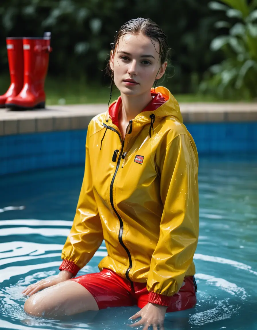 photo of young woman, in soaking wet, drenched clothes,
red wellies, yellow shiny nylon rainpants, yellow shiny nylon cargoule, pool, 
enjoying, wet clothes stuck to body,
detailed textures of the wet clothes, wet face, wet plastered hair,
wet, drenched, professional, high-quality details, full body view.
sharp focus, ultra-high pixel detail, realistic, high-quality, full colors, incredibly detailed, 4k, 8k, 16k, hyper-realistic, RAW photo, masterpiece, ultra-detailed, professionally color graded, professional photograph