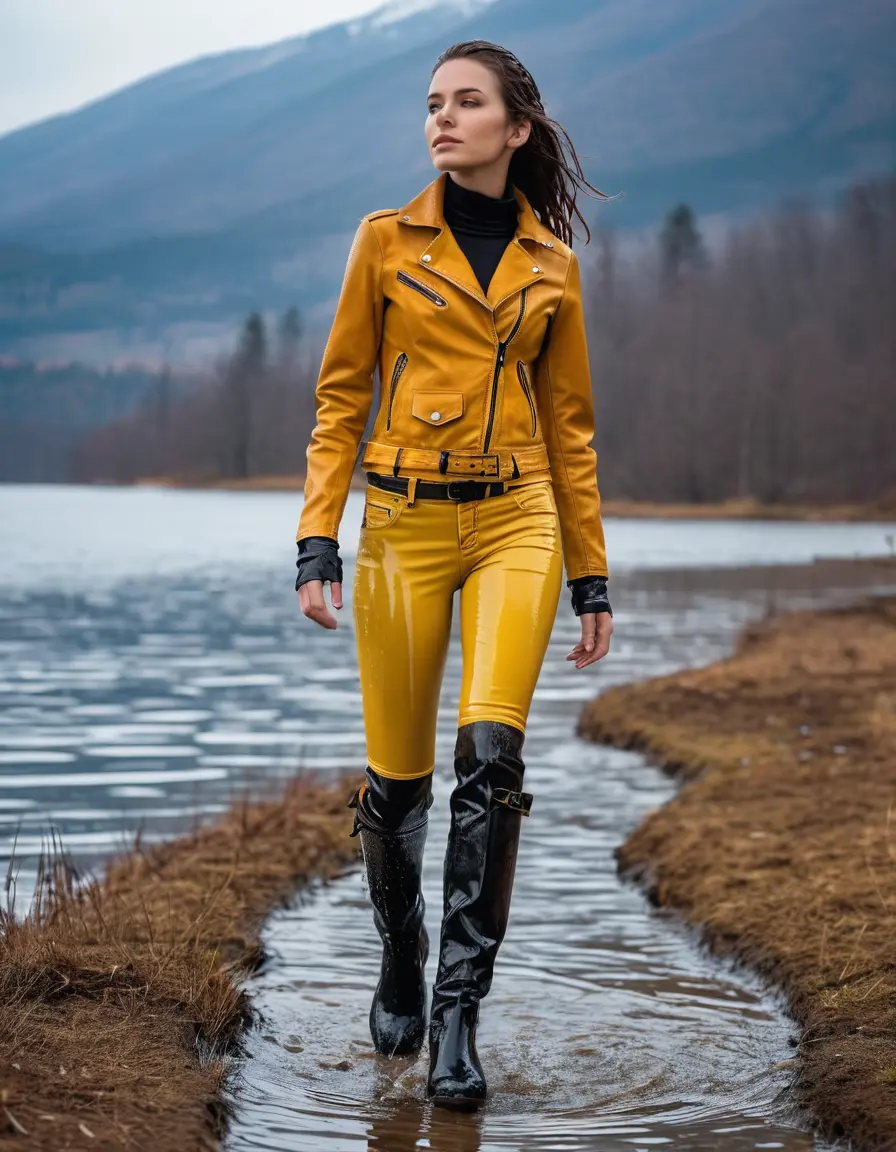photo of young woman, in soaking wet, drenched clothes,
tight leather boots, skin yellow leather jeans, slim fit red biker leather jacket, tight black latex turtleneck sweater,, walking in the morning along a hiking path with a lake in the background, dirty, 
enjoying, wet clothes stuck to body,
detailed textures of the wet clothes, wet face, wet plastered hair,
wet, drenched, professional, high-quality details, full body view.
sharp focus, ultra-high pixel detail, realistic, high-quality, full colors, incredibly detailed, 4k, 8k, 16k, hyper-realistic, RAW photo, masterpiece, ultra-detailed, professionally color graded, professional photograph, white woman, long dripping wet brown hair