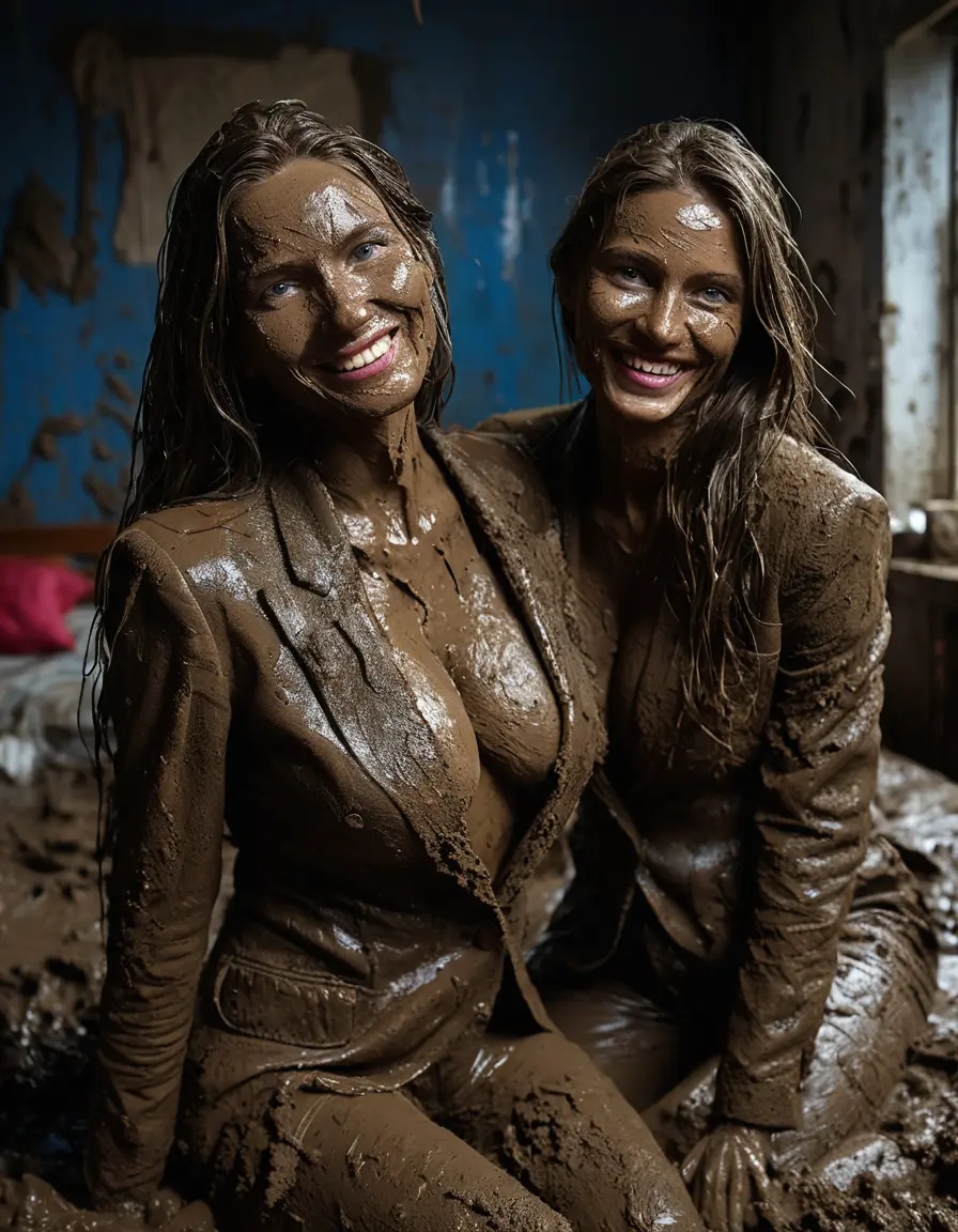 photo of young woman, in soaking wet, drenched clothes,
Muddy high heels, Long very muddy suit pants, Full muddy ruined fully-opened blazer like a fancy uniform over topless with exposed super large heavy saggy muddy boobs., Muddy party in a dark muddy indoor bedroom. Mud splashed walls with mud-flooded floor. Dark mood lighting with pink and blue neon lights. Muddy furnitures and mud-covered bed.., 
enjoying, wet clothes stuck to body,
detailed textures of the wet clothes, wet face, wet plastered hair,
wet, drenched, professional, high-quality details, full body view.
sharp focus, ultra-high pixel detail, realistic, high-quality, full colors, incredibly detailed, 4k, 8k, 16k, hyper-realistic, RAW photo, masterpiece, ultra-detailed, professionally color graded, professional photograph, Two elegant fifty years old classy skinny fit seductive beautiful sexy business mature ladies are laying together on the top of the muddy double bed. They are wearing their fully and heavily mud-covered opened suits and they are exposing their amazingly huge muddy boobs. Thick mud on their blazers and deep open cleavages. Every small details of the old women are muddy. Their blazer has the same colour as their muddy pants. They are proudly wearing their expensive open blazers and flaunting their huge muddy boobs and large muddy cleavages. Focus on the muddy boobs and cleavages. The classy elegant room is totally destroyed by mud, deep liquid mud on the bed, on the floor, mud spots everywhere, mud flows down on the walls, muddy pillows, muddy bedsheets. Straight very long open wavy hairstyle, muddy hair, smiling and beautiful clean faces, blue eyes, earrings, lipstick. The women enjoying to being total muddy on the bed, being sexy, naughty while they are enjoying the muddy fetish party. Realistic huge saggy muddy boobs and nipples and photorealistic detailed smiling facial expressions. Intimate close-up picture about the women. Close-up photo, highly realistic representation, ultra sharp focus, highly photorealistic detailed textures, highly photorealistic detailed facial features and expressions, highly photorealistic hands, highly emotional reactions, highly best quality, highly sharp photorealistic image, highly photorealistic details, full UHD resolution, 32 K, very high level of detail and image sharpness, zoomed in