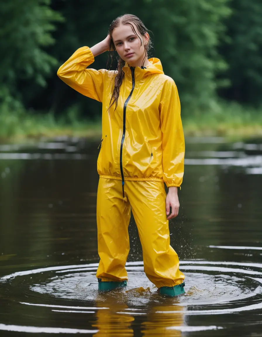 photo of young woman, in soaking wet, drenched clothes,
red wellies, long yellow shiny nylon rainpants, yellow thin nylon top, wading in the lake, 
enjoying, wet clothes stuck to body,
detailed textures of the wet clothes, wet face, wet plastered hair,
wet, drenched, professional, high-quality details, full body view.
sharp focus, ultra-high pixel detail, realistic, high-quality, full colors, incredibly detailed, 4k, 8k, 16k, hyper-realistic, RAW photo, masterpiece, ultra-detailed, professionally color graded, professional photograph