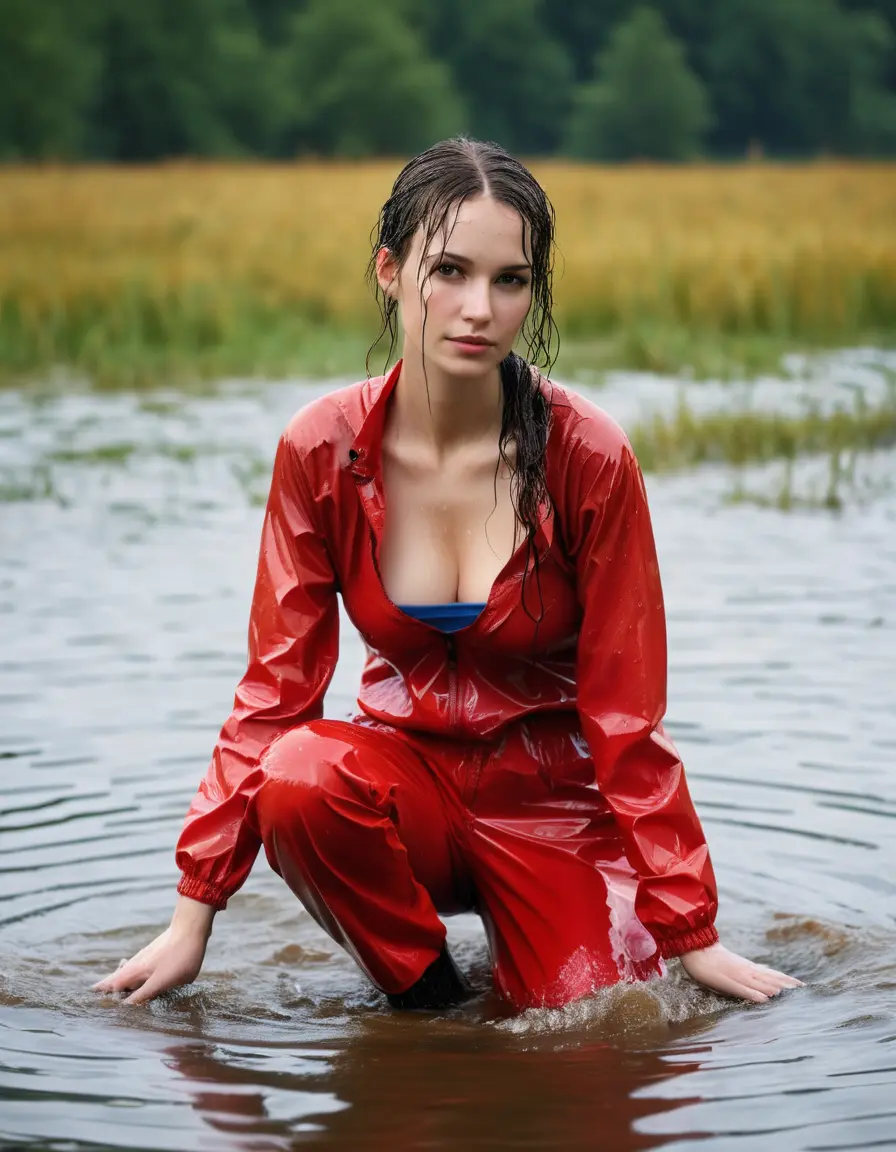 photo of young woman, in soaking wet, drenched clothes,
red wellies, long red shiny nylon rainpants, yellow thin nylon top sideboobs, wading in the lake, 
enjoying, wet clothes stuck to body,
detailed textures of the wet clothes, wet face, wet plastered hair,
wet, drenched, professional, high-quality details, full body view.
sharp focus, ultra-high pixel detail, realistic, high-quality, full colors, incredibly detailed, 4k, 8k, 16k, hyper-realistic, RAW photo, masterpiece, ultra-detailed, professionally color graded, professional photograph