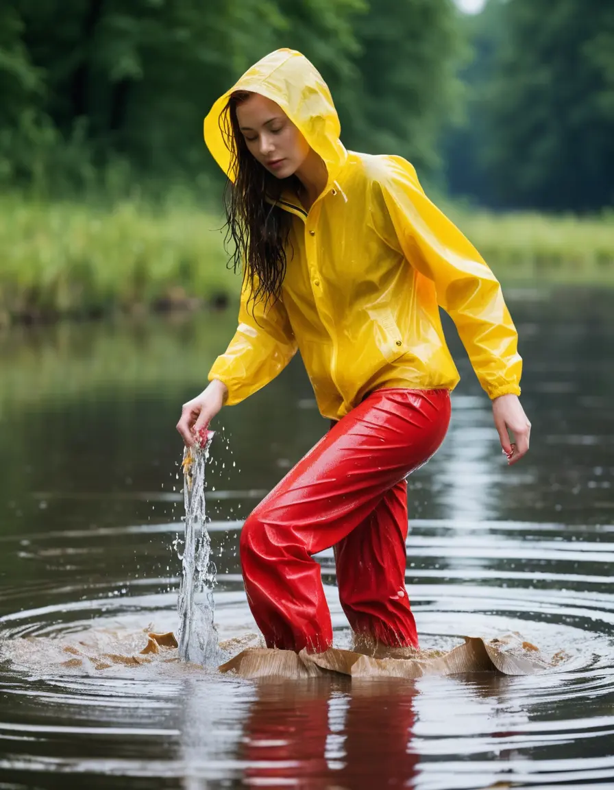 photo of young woman, in soaking wet, drenched clothes,
red wellies, long yellow shiny nylon rainpants, yellow thin nylon top, wading in the lake, 
enjoying, wet clothes stuck to body,
detailed textures of the wet clothes, wet face, wet plastered hair,
wet, drenched, professional, high-quality details, full body view.
sharp focus, ultra-high pixel detail, realistic, high-quality, full colors, incredibly detailed, 4k, 8k, 16k, hyper-realistic, RAW photo, masterpiece, ultra-detailed, professionally color graded, professional photograph