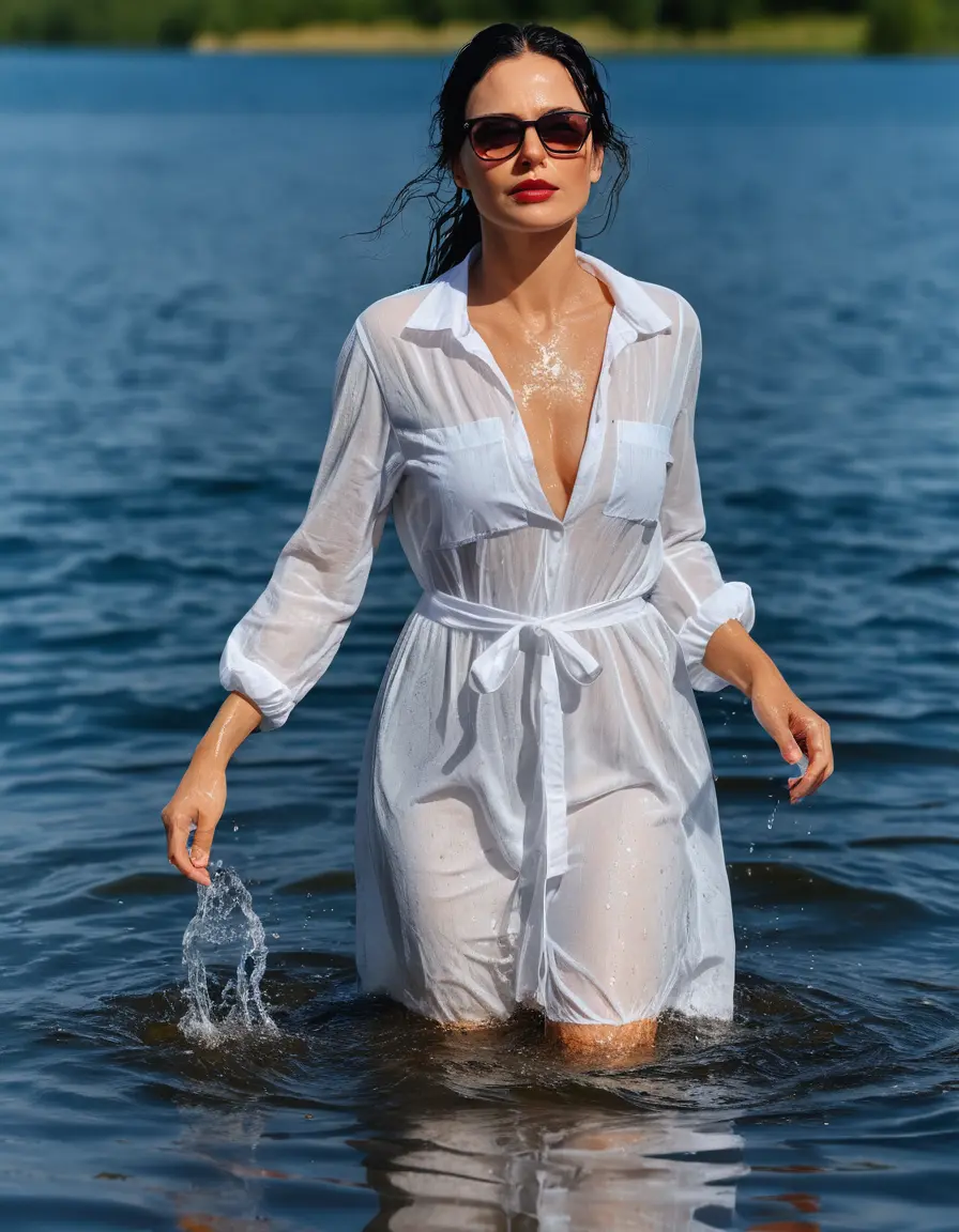 photo of young woman, in soaking wet, drenched clothes,
Sport shoes , maxi white dress, maxi white dress, walking in Sunny Deep lake, 
enjoying, wet clothes stuck to body,
detailed textures of the wet clothes, wet face, wet plastered hair,
wet, drenched, professional, high-quality details, full body view.
sharp focus, ultra-high pixel detail, realistic, high-quality, full colors, incredibly detailed, 4k, 8k, 16k, hyper-realistic, RAW photo, masterpiece, ultra-detailed, professionally color graded, professional photograph, woman 51 years old, medium black hair, very big and thick lips, office light glasses, complete body