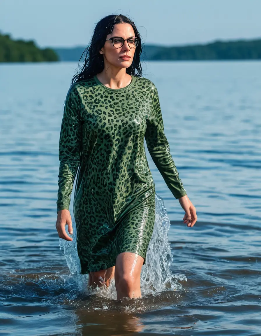 photo of young woman, in soaking wet, drenched clothes,
Sport shoes , midi green leopard printed t-shirt dress, midi green leopard printed t-shirt dress, walking in Sunny Deep lake, 
enjoying, wet clothes stuck to body,
detailed textures of the wet clothes, wet face, wet plastered hair,
wet, drenched, professional, high-quality details, full body view.
sharp focus, ultra-high pixel detail, realistic, high-quality, full colors, incredibly detailed, 4k, 8k, 16k, hyper-realistic, RAW photo, masterpiece, ultra-detailed, professionally color graded, professional photograph, woman 51 years old, long black hair, very big and thick lips, office light glasses, complete body, open mouth