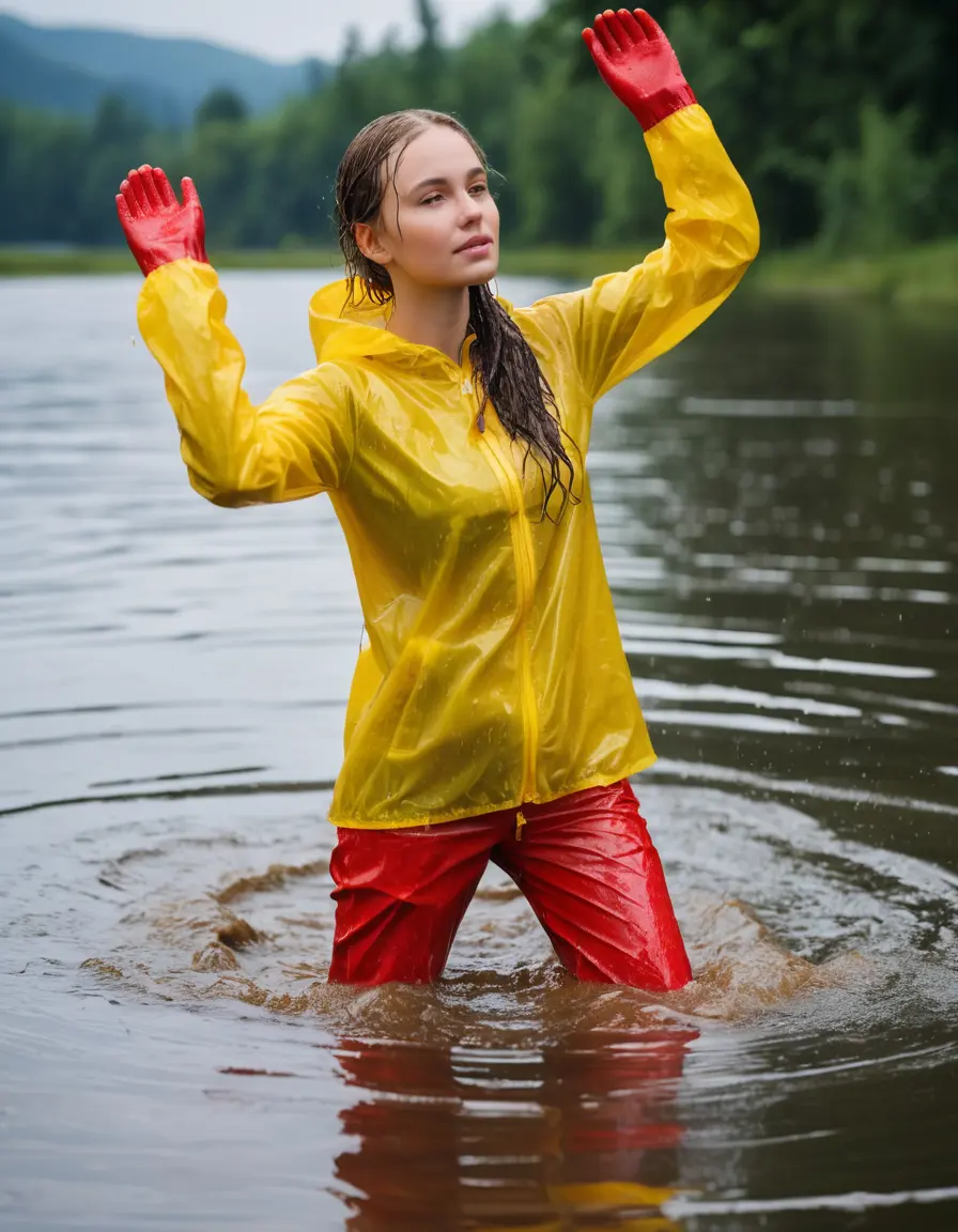 photo of young woman, in soaking wet, drenched clothes,
red wellies, long yellow shiny nylon rainpants, yellow thin nylon top, wading in the lake, 
enjoying, wet clothes stuck to body,
detailed textures of the wet clothes, wet face, wet plastered hair,
wet, drenched, professional, high-quality details, full body view.
sharp focus, ultra-high pixel detail, realistic, high-quality, full colors, incredibly detailed, 4k, 8k, 16k, hyper-realistic, RAW photo, masterpiece, ultra-detailed, professionally color graded, professional photograph