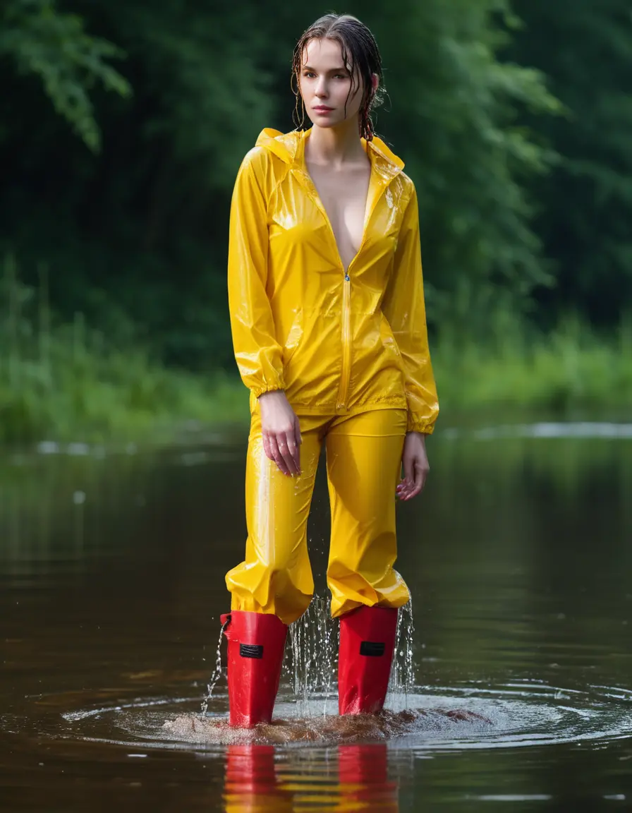 photo of young woman, in soaking wet, drenched clothes,
yellow wellies, long red shiny nylon rainpants, yellow thin nylon top sideboobs, wading in the lake, 
enjoying, wet clothes stuck to body,
detailed textures of the wet clothes, wet face, wet plastered hair,
wet, drenched, professional, high-quality details, full body view.
sharp focus, ultra-high pixel detail, realistic, high-quality, full colors, incredibly detailed, 4k, 8k, 16k, hyper-realistic, RAW photo, masterpiece, ultra-detailed, professionally color graded, professional photograph