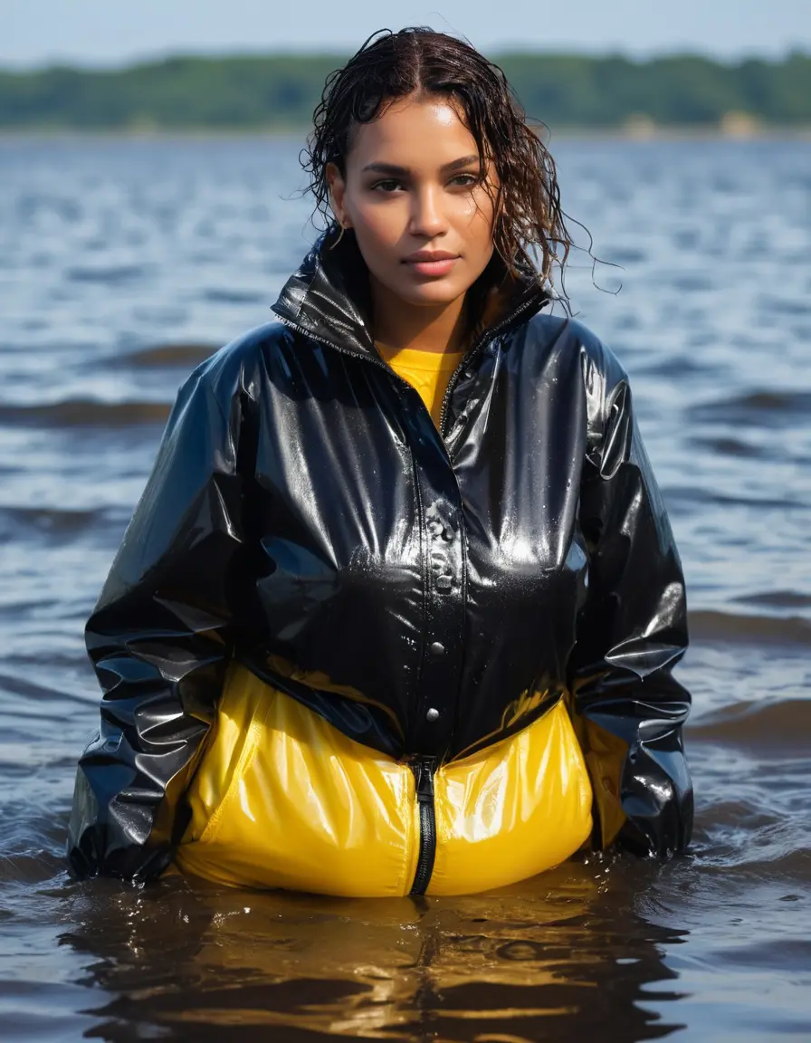 photo of young woman, in soaking wet, drenched clothes,
high heels, leather leggings, yellow transparent t-shirt, black wet shiny pvc puffer jacket, Swimming in sea, 
enjoying, wet clothes stuck to body,
detailed textures of the wet clothes, wet face, wet plastered hair,
wet, drenched, professional, high-quality details, full body view.
sharp focus, ultra-high pixel detail, realistic, high-quality, full colors, incredibly detailed, 4k, 8k, 16k, hyper-realistic, RAW photo, masterpiece, ultra-detailed, professionally color graded, professional photograph, 65 years old fat black mature, big boobs