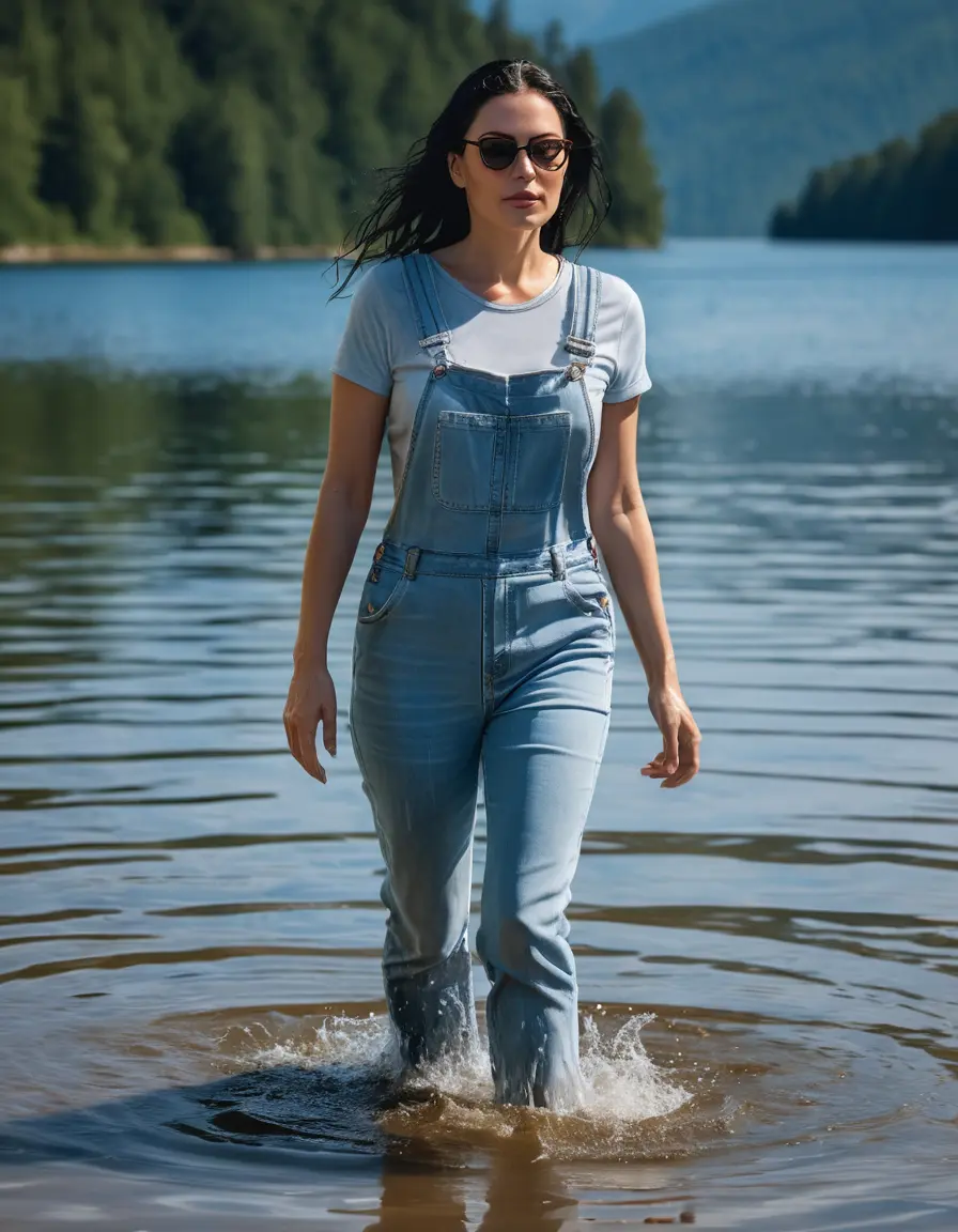 photo of young woman, in soaking wet, drenched clothes,
Sport shoes , long light blue tight jeans overall with short sleeves, long light blue tight jeans overall with short sleeves, walking in Sunny Deep lake, 
enjoying, wet clothes stuck to body,
detailed textures of the wet clothes, wet face, wet plastered hair,
wet, drenched, professional, high-quality details, full body view.
sharp focus, ultra-high pixel detail, realistic, high-quality, full colors, incredibly detailed, 4k, 8k, 16k, hyper-realistic, RAW photo, masterpiece, ultra-detailed, professionally color graded, professional photograph, woman 51 years old, long black hair, very big and thick lips, office light glasses, complete body, open mouth