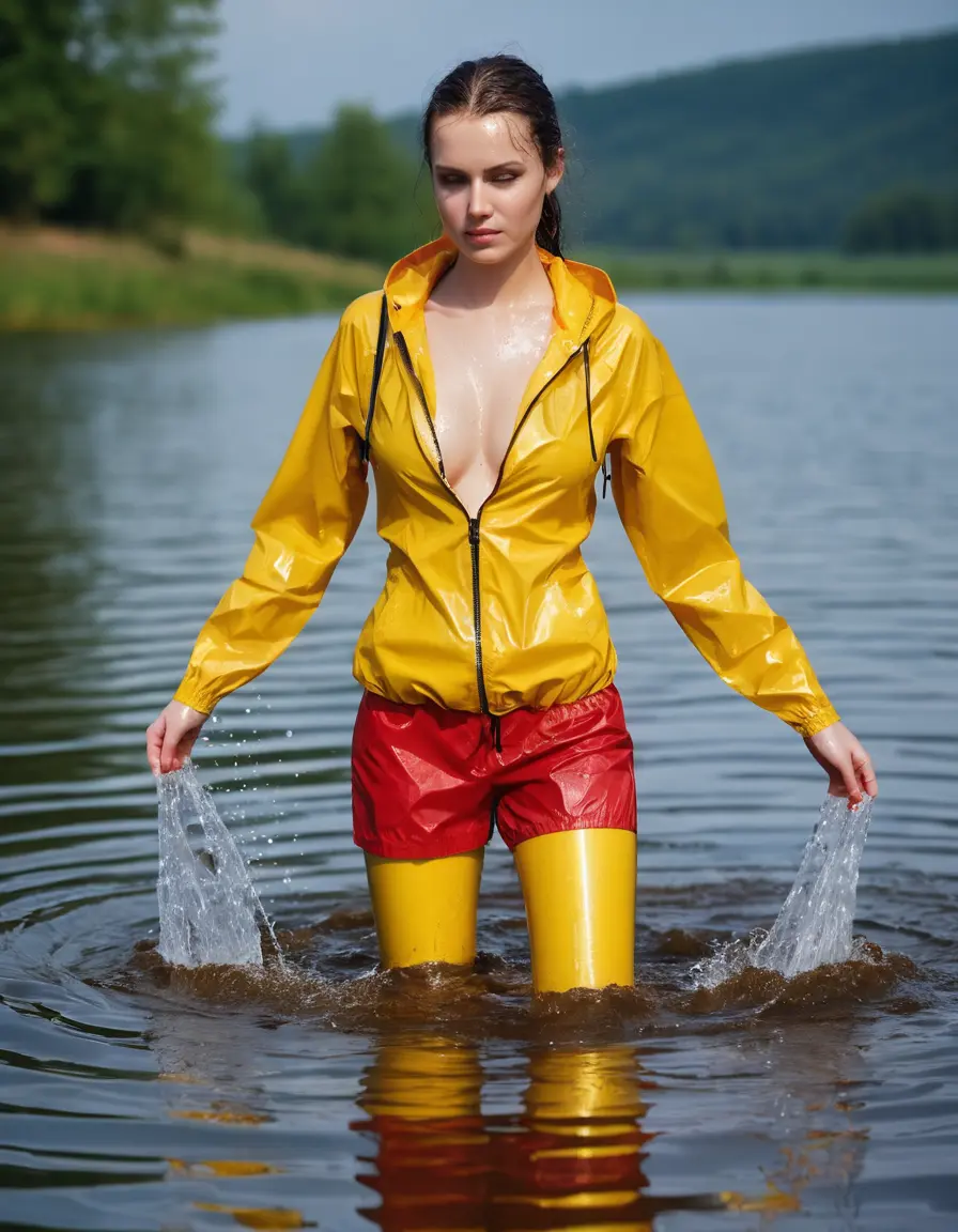 photo of young woman, in soaking wet, drenched clothes,
yellow wellies, long red shiny nylon rainpants, yellow thin nylon top sideboobs over bare breasts, wading in the lake, 
enjoying, wet clothes stuck to body,
detailed textures of the wet clothes, wet face, wet plastered hair,
wet, drenched, professional, high-quality details, full body view.
sharp focus, ultra-high pixel detail, realistic, high-quality, full colors, incredibly detailed, 4k, 8k, 16k, hyper-realistic, RAW photo, masterpiece, ultra-detailed, professionally color graded, professional photograph