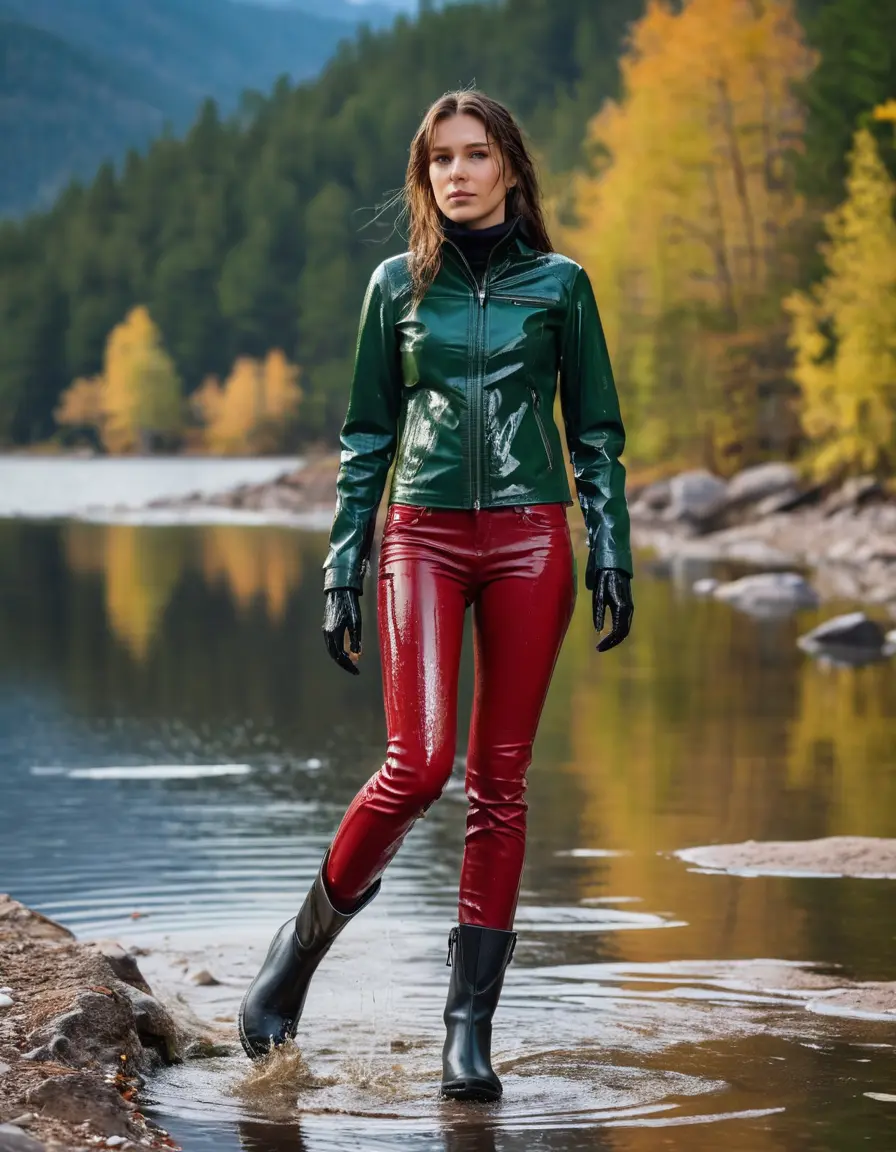 photo of young woman, in soaking wet, drenched clothes,
tight leather boots, skin red leather jeans, slim fit green biker leather jacket, tight black latex turtleneck sweater,, walking in the morning along a hiking path with a lake in the background, dirty, 
enjoying, wet clothes stuck to body,
detailed textures of the wet clothes, wet face, wet plastered hair,
wet, drenched, professional, high-quality details, full body view.
sharp focus, ultra-high pixel detail, realistic, high-quality, full colors, incredibly detailed, 4k, 8k, 16k, hyper-realistic, RAW photo, masterpiece, ultra-detailed, professionally color graded, professional photograph, white woman, long dripping wet brown hair