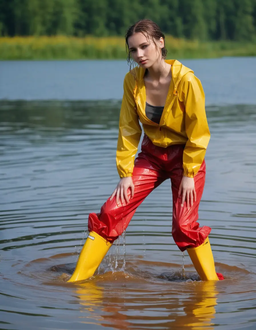 photo of young woman, in soaking wet, drenched clothes,
yellow wellies, long red shiny nylon rainpants, yellow thin nylon top sideboobs, wading in the lake, 
enjoying, wet clothes stuck to body,
detailed textures of the wet clothes, wet face, wet plastered hair,
wet, drenched, professional, high-quality details, full body view.
sharp focus, ultra-high pixel detail, realistic, high-quality, full colors, incredibly detailed, 4k, 8k, 16k, hyper-realistic, RAW photo, masterpiece, ultra-detailed, professionally color graded, professional photograph