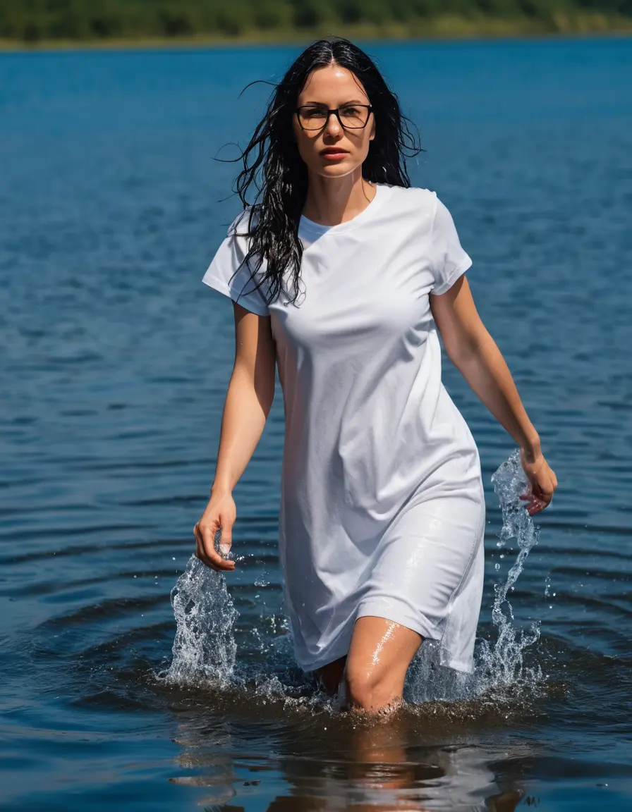 photo of young woman, in soaking wet, drenched clothes,
Sport shoes , midi white t-shirt dress, midi white t-shirt dress, walking in Sunny Deep lake, 
enjoying, wet clothes stuck to body,
detailed textures of the wet clothes, wet face, wet plastered hair,
wet, drenched, professional, high-quality details, full body view.
sharp focus, ultra-high pixel detail, realistic, high-quality, full colors, incredibly detailed, 4k, 8k, 16k, hyper-realistic, RAW photo, masterpiece, ultra-detailed, professionally color graded, professional photograph, woman 51 years old, long black hair, very big and thick lips, office light glasses, complete body, open mouth