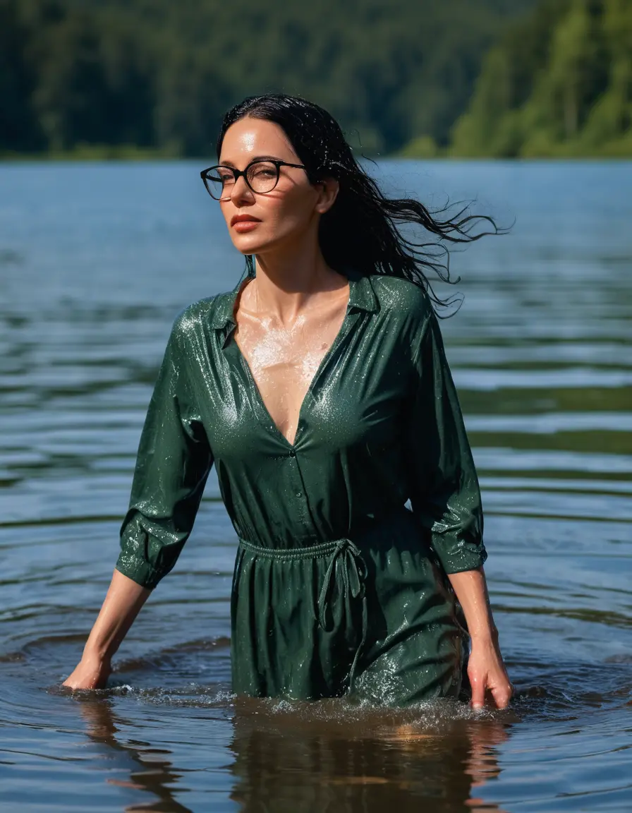 photo of young woman, in soaking wet, drenched clothes,
Sport shoes , maxi dark green dress, maxi dark green dress, walking in Sunny Deep lake, 
enjoying, wet clothes stuck to body,
detailed textures of the wet clothes, wet face, wet plastered hair,
wet, drenched, professional, high-quality details, full body view.
sharp focus, ultra-high pixel detail, realistic, high-quality, full colors, incredibly detailed, 4k, 8k, 16k, hyper-realistic, RAW photo, masterpiece, ultra-detailed, professionally color graded, professional photograph, woman 51 years old, medium black hair, very big and thick lips, office light glasses, complete body
