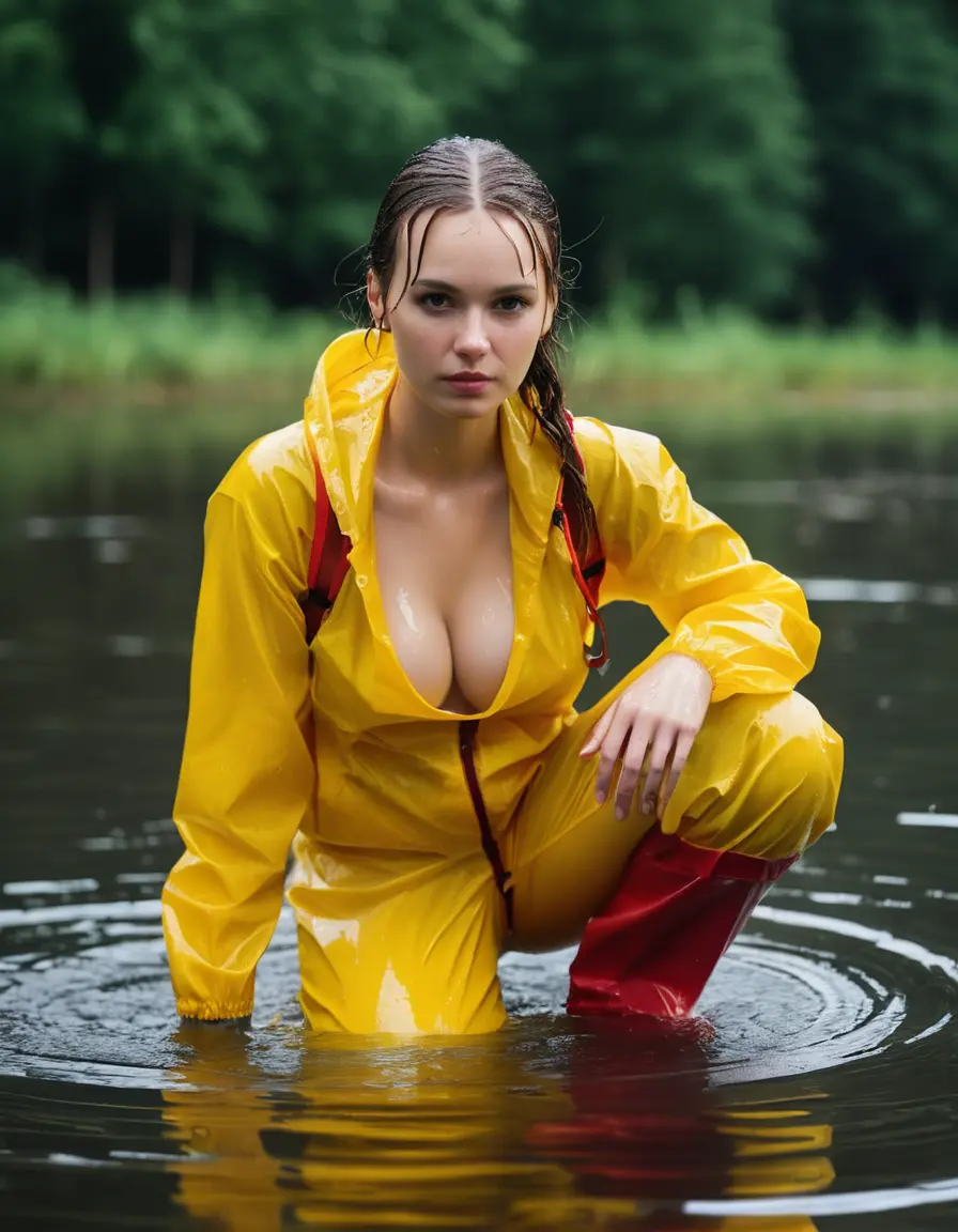 photo of young woman, in soaking wet, drenched clothes,
yellow wellies, long red shiny nylon rainpants, yellow thin nylon top sideboobs over bare breasts, wading in the lake, 
enjoying, wet clothes stuck to body,
detailed textures of the wet clothes, wet face, wet plastered hair,
wet, drenched, professional, high-quality details, full body view.
sharp focus, ultra-high pixel detail, realistic, high-quality, full colors, incredibly detailed, 4k, 8k, 16k, hyper-realistic, RAW photo, masterpiece, ultra-detailed, professionally color graded, professional photograph