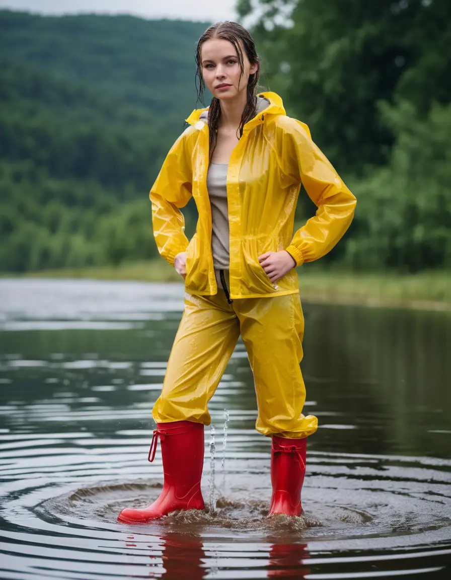 photo of young woman, in soaking wet, drenched clothes,
red wellies, long yellow shiny nylon rainpants, yellow thin nylon top, wading in the lake, 
enjoying, wet clothes stuck to body,
detailed textures of the wet clothes, wet face, wet plastered hair,
wet, drenched, professional, high-quality details, full body view.
sharp focus, ultra-high pixel detail, realistic, high-quality, full colors, incredibly detailed, 4k, 8k, 16k, hyper-realistic, RAW photo, masterpiece, ultra-detailed, professionally color graded, professional photograph