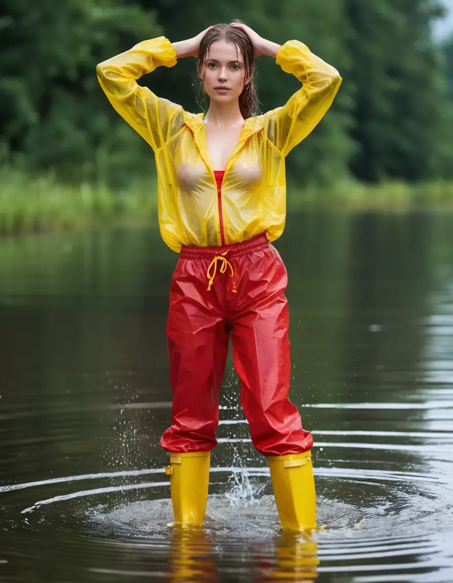 photo of young woman, in soaking wet, drenched clothes,
yellow wellies, long red shiny nylon rainpants, yellow thin nylon top sideboobs over bare breasts, wading in the lake, 
enjoying, wet clothes stuck to body,
detailed textures of the wet clothes, wet face, wet plastered hair,
wet, drenched, professional, high-quality details, full body view.
sharp focus, ultra-high pixel detail, realistic, high-quality, full colors, incredibly detailed, 4k, 8k, 16k, hyper-realistic, RAW photo, masterpiece, ultra-detailed, professionally color graded, professional photograph