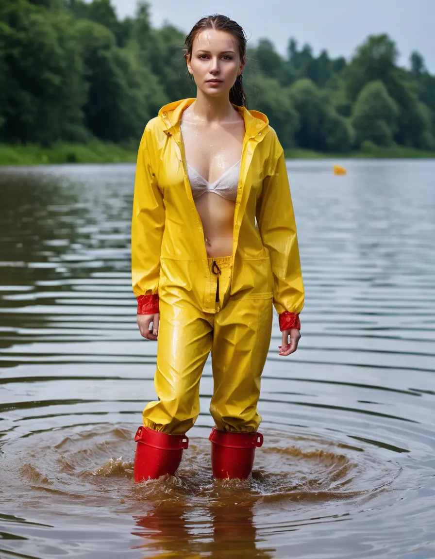 photo of young woman, in soaking wet, drenched clothes,
yellow wellies, long red shiny nylon rainpants, yellow white nylon top sideboobs over bare breasts, wading in the lake, 
enjoying, wet clothes stuck to body,
detailed textures of the wet clothes, wet face, wet plastered hair,
wet, drenched, professional, high-quality details, full body view.
sharp focus, ultra-high pixel detail, realistic, high-quality, full colors, incredibly detailed, 4k, 8k, 16k, hyper-realistic, RAW photo, masterpiece, ultra-detailed, professionally color graded, professional photograph