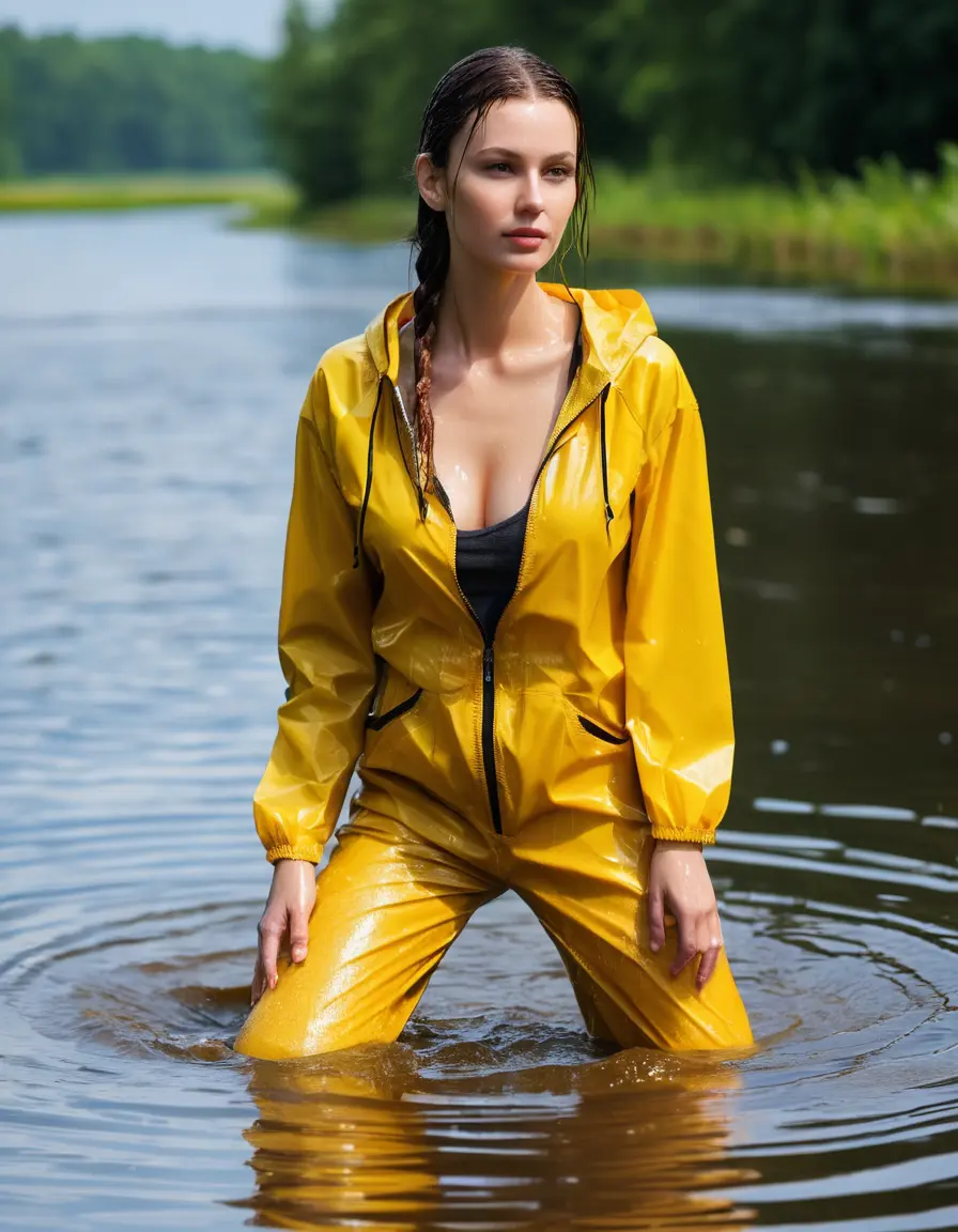 photo of young woman, in soaking wet, drenched clothes,
yellow wellies, long red shiny nylon rainpants, yellow thin nylon top sideboobs, wading in the lake, 
enjoying, wet clothes stuck to body,
detailed textures of the wet clothes, wet face, wet plastered hair,
wet, drenched, professional, high-quality details, full body view.
sharp focus, ultra-high pixel detail, realistic, high-quality, full colors, incredibly detailed, 4k, 8k, 16k, hyper-realistic, RAW photo, masterpiece, ultra-detailed, professionally color graded, professional photograph