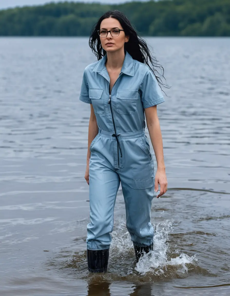 photo of young woman, in soaking wet, drenched clothes,
Sport shoes , long light blue tight jeans boilersuit with short sleeves, long light blue tight jeans boilersuit with short sleeves, walking in Sunny Deep lake, 
enjoying, wet clothes stuck to body,
detailed textures of the wet clothes, wet face, wet plastered hair,
wet, drenched, professional, high-quality details, full body view.
sharp focus, ultra-high pixel detail, realistic, high-quality, full colors, incredibly detailed, 4k, 8k, 16k, hyper-realistic, RAW photo, masterpiece, ultra-detailed, professionally color graded, professional photograph, woman 51 years old, long black hair, very big and thick lips, office light glasses, complete body, open mouth