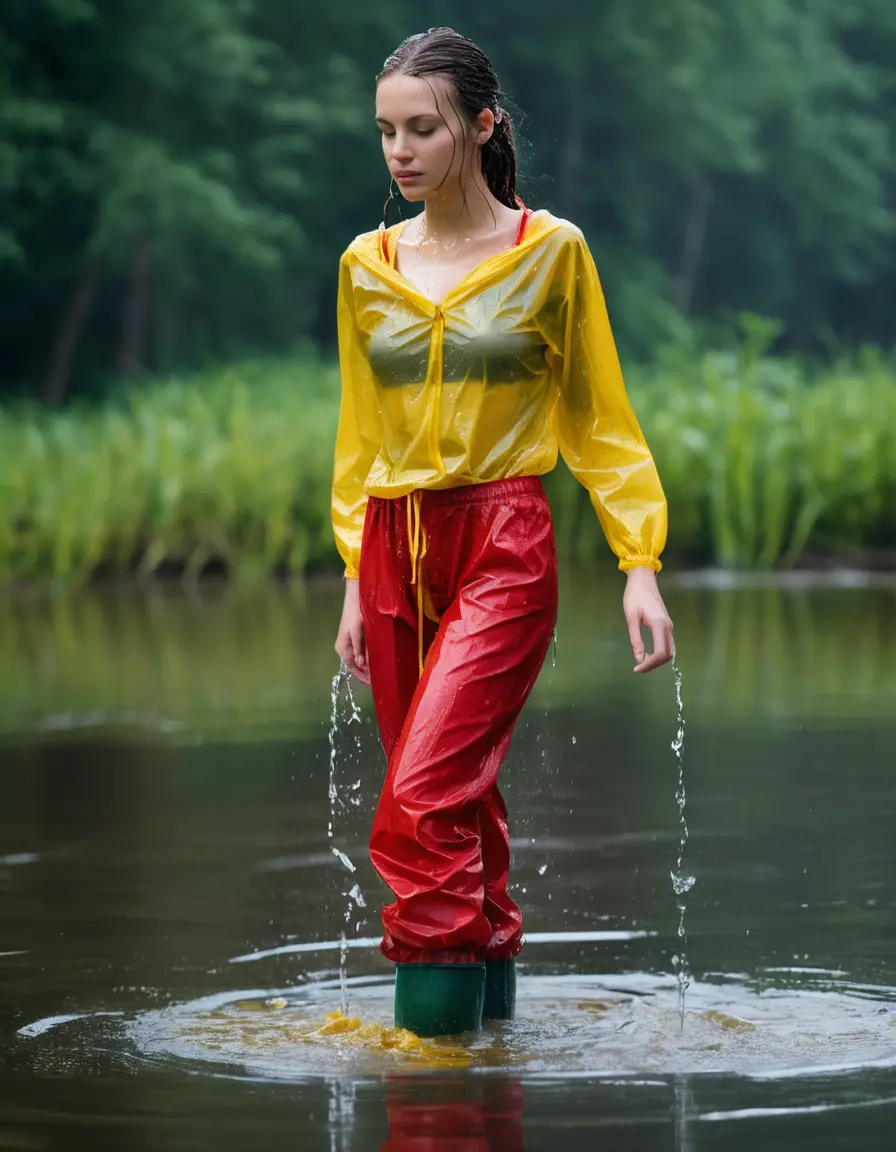 photo of young woman, in soaking wet, drenched clothes,
yellow wellies, long red shiny nylon rainpants, yellow thin nylon top sideboobs on bare breasts, wading in the lake, 
enjoying, wet clothes stuck to body,
detailed textures of the wet clothes, wet face, wet plastered hair,
wet, drenched, professional, high-quality details, full body view.
sharp focus, ultra-high pixel detail, realistic, high-quality, full colors, incredibly detailed, 4k, 8k, 16k, hyper-realistic, RAW photo, masterpiece, ultra-detailed, professionally color graded, professional photograph