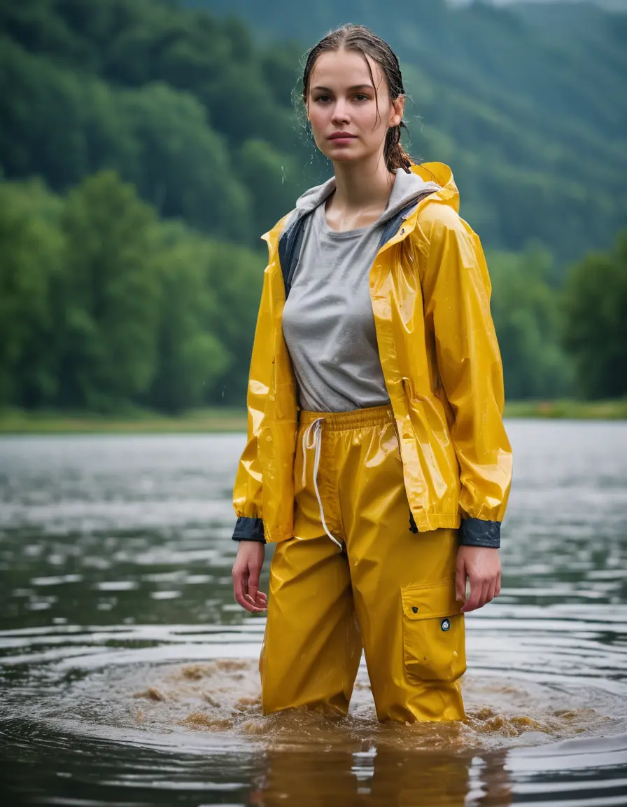 photo of young woman, in soaking wet, drenched clothes,
red wellies, yellow shiny nylon rainpants, yellow shiny nylon cargoule, wading in the lake, 
enjoying, wet clothes stuck to body,
detailed textures of the wet clothes, wet face, wet plastered hair,
wet, drenched, professional, high-quality details, full body view.
sharp focus, ultra-high pixel detail, realistic, high-quality, full colors, incredibly detailed, 4k, 8k, 16k, hyper-realistic, RAW photo, masterpiece, ultra-detailed, professionally color graded, professional photograph