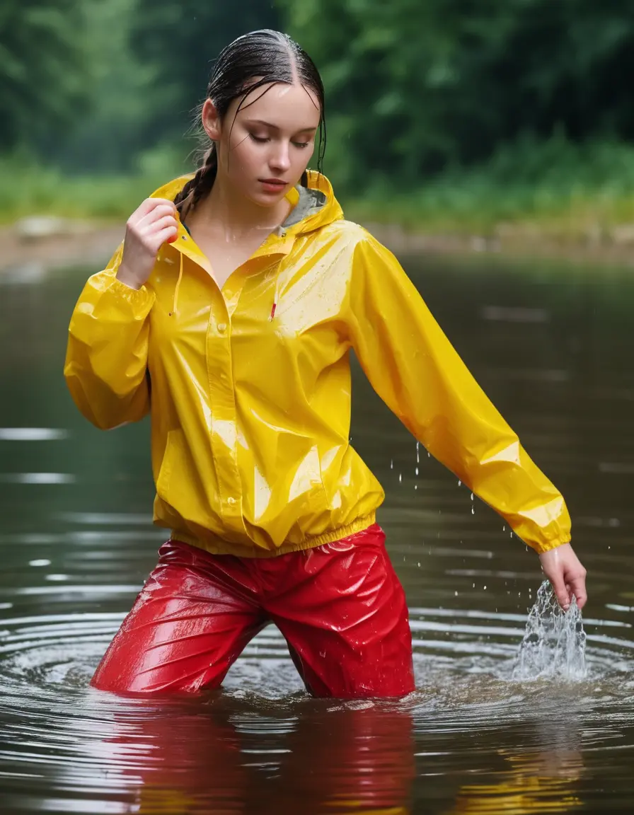photo of young woman, in soaking wet, drenched clothes,
yellow wellies, long red shiny nylon rainpants, yellow thin nylon top sideboobs, wading in the lake, 
enjoying, wet clothes stuck to body,
detailed textures of the wet clothes, wet face, wet plastered hair,
wet, drenched, professional, high-quality details, full body view.
sharp focus, ultra-high pixel detail, realistic, high-quality, full colors, incredibly detailed, 4k, 8k, 16k, hyper-realistic, RAW photo, masterpiece, ultra-detailed, professionally color graded, professional photograph