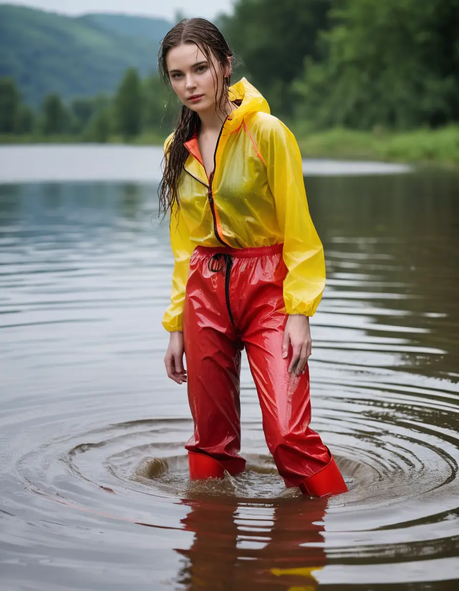 photo of young woman, in soaking wet, drenched clothes,
red wellies, long red shiny nylon rainpants, yellow thin nylon top sideboobs, wading in the lake, 
enjoying, wet clothes stuck to body,
detailed textures of the wet clothes, wet face, wet plastered hair,
wet, drenched, professional, high-quality details, full body view.
sharp focus, ultra-high pixel detail, realistic, high-quality, full colors, incredibly detailed, 4k, 8k, 16k, hyper-realistic, RAW photo, masterpiece, ultra-detailed, professionally color graded, professional photograph