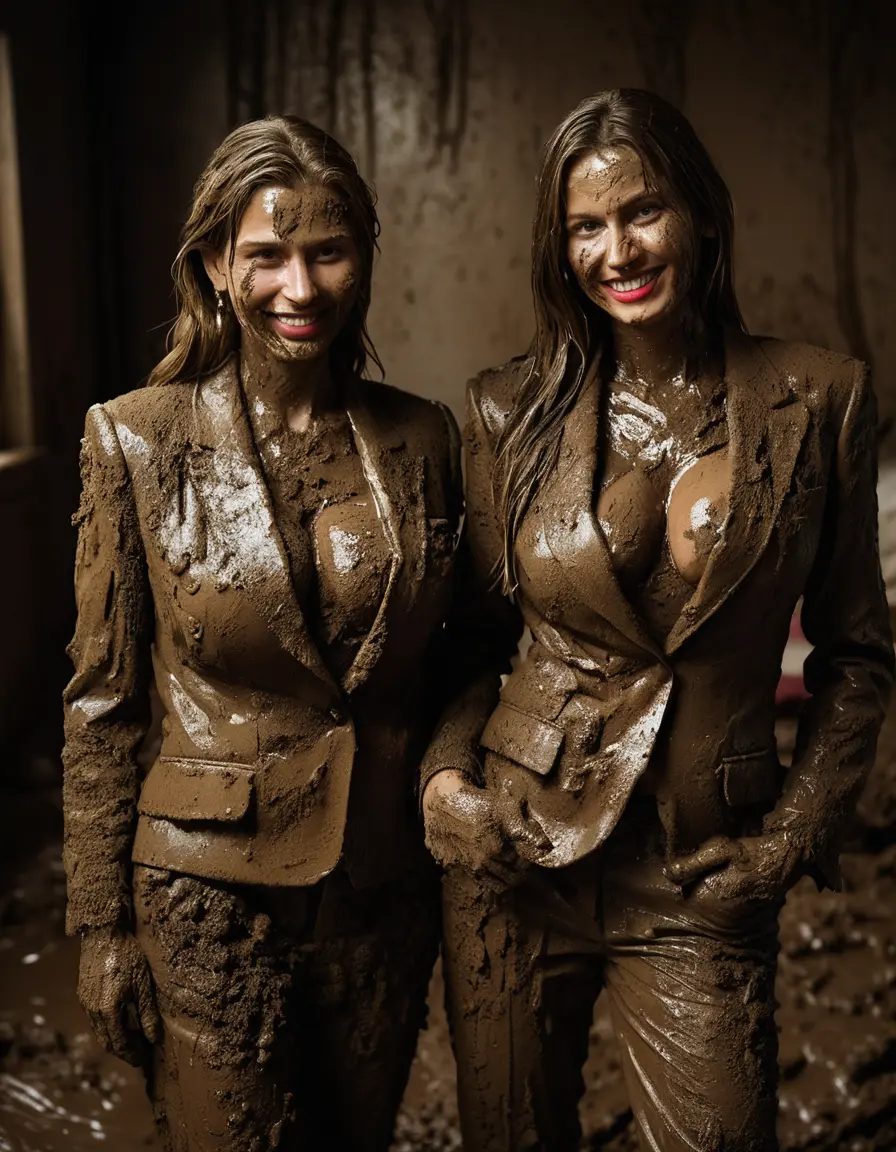 photo of young woman, in soaking wet, drenched clothes,
Muddy high heels, Long very muddy suit pants, Full muddy ruined fully-opened blazer like a fancy uniform over topless with exposed super large heavy saggy muddy boobs., Muddy party in a dark muddy indoor bedroom. Mud splashed walls with mud-flooded floor. Dark mood lighting with pink and blue neon lights. Muddy furnitures and mud-covered bed.., 
enjoying, wet clothes stuck to body,
detailed textures of the wet clothes, wet face, wet plastered hair,
wet, drenched, professional, high-quality details, full body view.
sharp focus, ultra-high pixel detail, realistic, high-quality, full colors, incredibly detailed, 4k, 8k, 16k, hyper-realistic, RAW photo, masterpiece, ultra-detailed, professionally color graded, professional photograph, An elegant fifty years old classy skinny fit beautiful sexy business mature lady is seducted girl and laying together with a young cute skinny teen schoolgirl on the top of the muddy double bed. They are wearing their fully and heavily mud-covered opened suits and they are exposing their muddy boobs. Thick mud on their blazers and deep open cleavages. Every small details of the old women are muddy. Their blazer has the same colour as their muddy pants. They are proudly wearing their expensive open blazers and fhe woman flaunting herr huge muddy boobs and large muddy cleavage for the young one. Focus on the muddy boobs and cleavages. The classy elegant room is totally destroyed by mud, deep liquid mud on the bed, on the floor, mud spots everywhere, mud flows down on the walls, muddy pillows, muddy bedsheets. Straight very long open wavy hairstyle, muddy hair, smiling and beautiful clean faces, blue eyes, earrings, lipstick. The women enjoying to being total muddy on the bed, being sexy, naughty while they are enjoying the muddy fetish party. Realistic huge saggy muddy boobs and nipples and photorealistic detailed smiling facial expressions. Intimate close-up picture about the women from above. Close-up photo, highly realistic representation, ultra sharp focus, highly photorealistic detailed textures, highly photorealistic detailed facial features and expressions, highly photorealistic hands, highly emotional reactions, highly best quality, highly sharp photorealistic image, highly photorealistic details, full UHD resolution, 32 K, very high level of detail and image sharpness, zoomed in