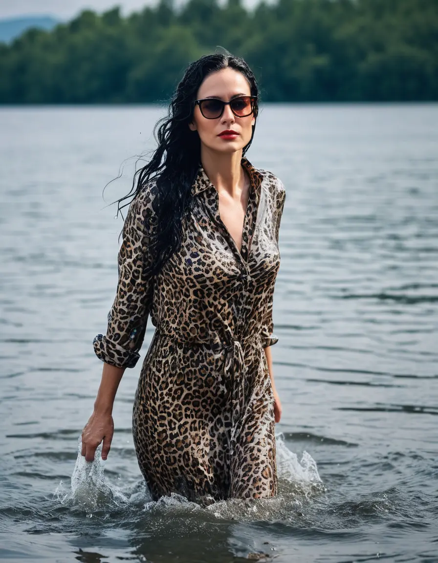 photo of young woman, in soaking wet, drenched clothes,
Sport shoes , maxi leopard printed dress, maxi leopard printed dress, walking in Sunny Deep lake, 
enjoying, wet clothes stuck to body,
detailed textures of the wet clothes, wet face, wet plastered hair,
wet, drenched, professional, high-quality details, full body view.
sharp focus, ultra-high pixel detail, realistic, high-quality, full colors, incredibly detailed, 4k, 8k, 16k, hyper-realistic, RAW photo, masterpiece, ultra-detailed, professionally color graded, professional photograph, woman 51 years old, long black hair, very big and thick lips, office light glasses, complete body, open mouth