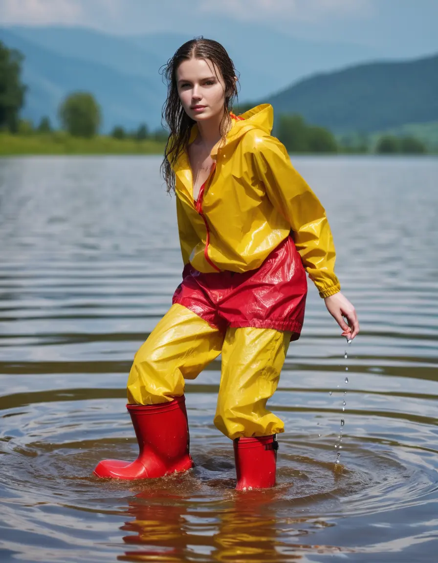 photo of young woman, in soaking wet, drenched clothes,
yellow wellies, long red shiny nylon rainpants, yellow thin nylon top sideboobs on bare breasts, wading in the lake, 
enjoying, wet clothes stuck to body,
detailed textures of the wet clothes, wet face, wet plastered hair,
wet, drenched, professional, high-quality details, full body view.
sharp focus, ultra-high pixel detail, realistic, high-quality, full colors, incredibly detailed, 4k, 8k, 16k, hyper-realistic, RAW photo, masterpiece, ultra-detailed, professionally color graded, professional photograph