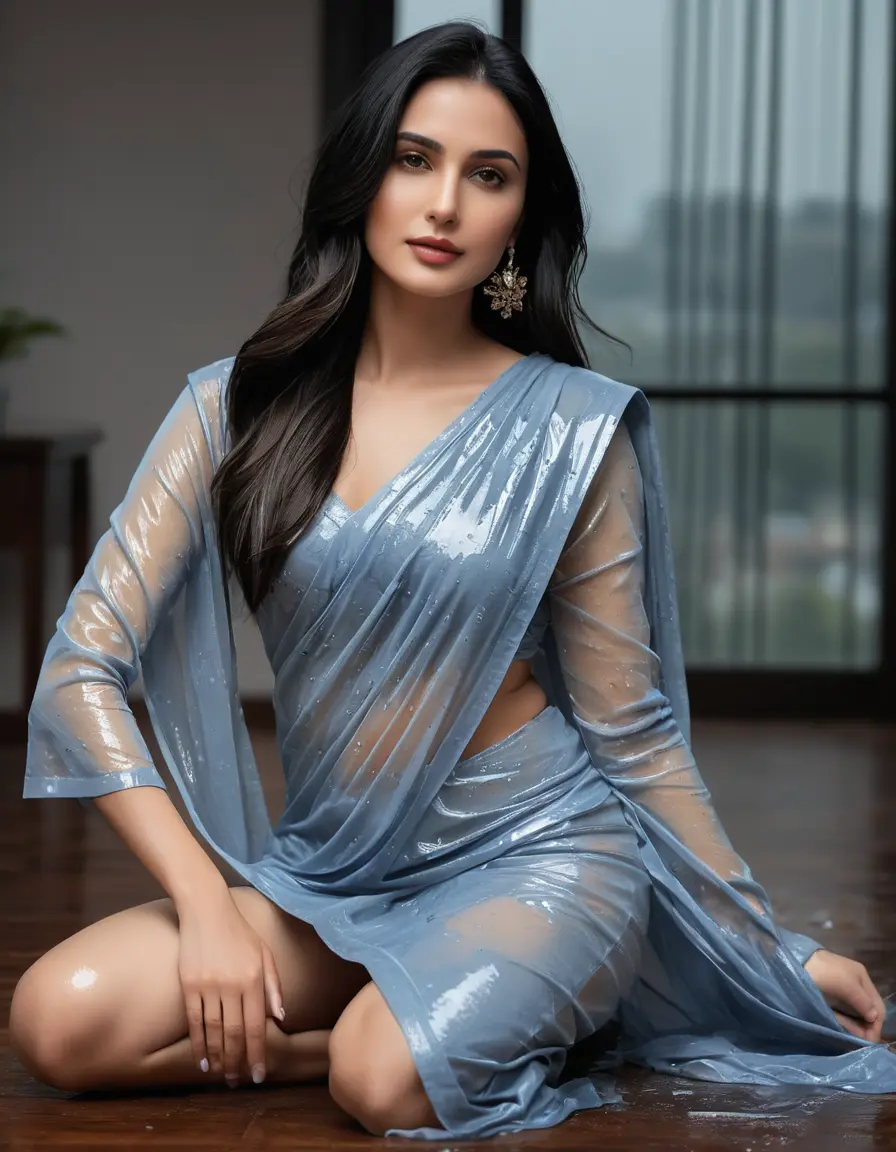 photo of young woman, in soaking wet, drenched clothes,
Stilletto heels, Saree,    Saree skin tight , full sleeve, Luxury pent house, womens , spreading legs , 
enjoying, wet clothes stuck to body,
detailed textures of the wet clothes, wet face, wet plastered hair,
wet, drenched, professional, high-quality details, full body view.
sharp focus, ultra-high pixel detail, realistic, high-quality, full colors, incredibly detailed, 4k, 8k, 16k, hyper-realistic, RAW photo, masterpiece, ultra-detailed, professionally color graded, professional photograph, Long Straight open  wavy hairstyle , ,  wrist watch, 