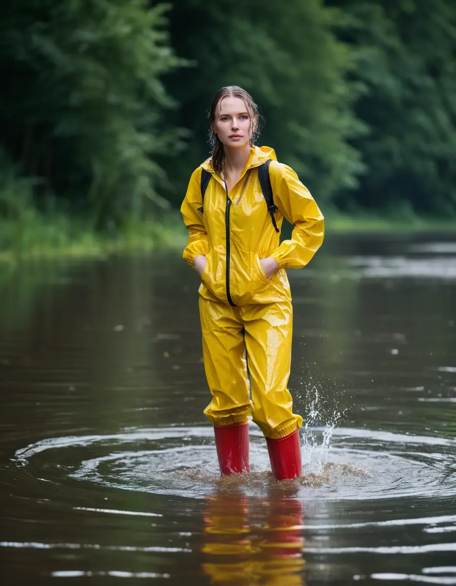 photo of young woman, in soaking wet, drenched clothes,
red wellies, yellow shiny nylon rainpants, yellow thin nylon top, wading in the lake, 
enjoying, wet clothes stuck to body,
detailed textures of the wet clothes, wet face, wet plastered hair,
wet, drenched, professional, high-quality details, full body view.
sharp focus, ultra-high pixel detail, realistic, high-quality, full colors, incredibly detailed, 4k, 8k, 16k, hyper-realistic, RAW photo, masterpiece, ultra-detailed, professionally color graded, professional photograph