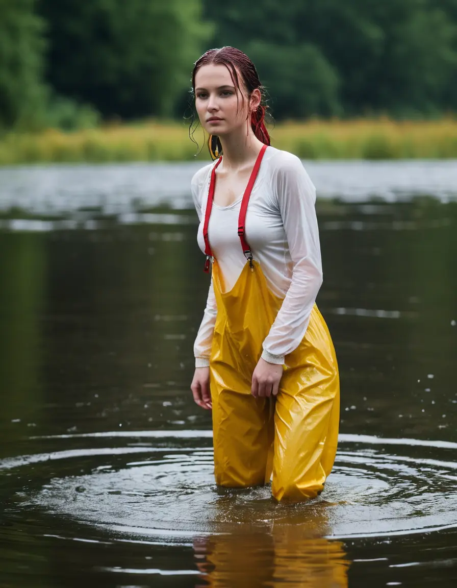 photo of young woman, in soaking wet, drenched clothes,
yellow wellies, long red shiny nylon rainpants, yellow white nylon top sideboobs over bare breasts, wading in the lake, 
enjoying, wet clothes stuck to body,
detailed textures of the wet clothes, wet face, wet plastered hair,
wet, drenched, professional, high-quality details, full body view.
sharp focus, ultra-high pixel detail, realistic, high-quality, full colors, incredibly detailed, 4k, 8k, 16k, hyper-realistic, RAW photo, masterpiece, ultra-detailed, professionally color graded, professional photograph