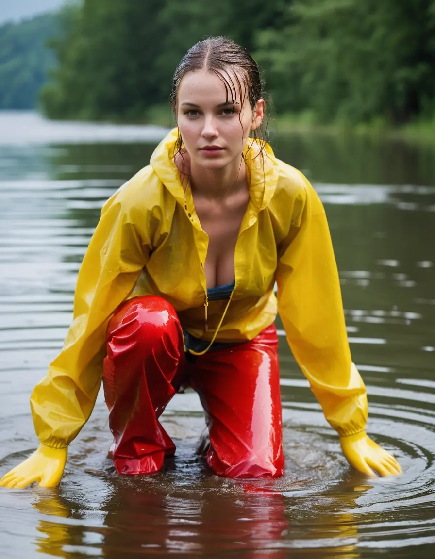 photo of young woman, in soaking wet, drenched clothes,
yellow wellies, long red shiny nylon rainpants, yellow thin nylon top sideboobs over bare breasts, wading in the lake, 
enjoying, wet clothes stuck to body,
detailed textures of the wet clothes, wet face, wet plastered hair,
wet, drenched, professional, high-quality details, full body view.
sharp focus, ultra-high pixel detail, realistic, high-quality, full colors, incredibly detailed, 4k, 8k, 16k, hyper-realistic, RAW photo, masterpiece, ultra-detailed, professionally color graded, professional photograph
