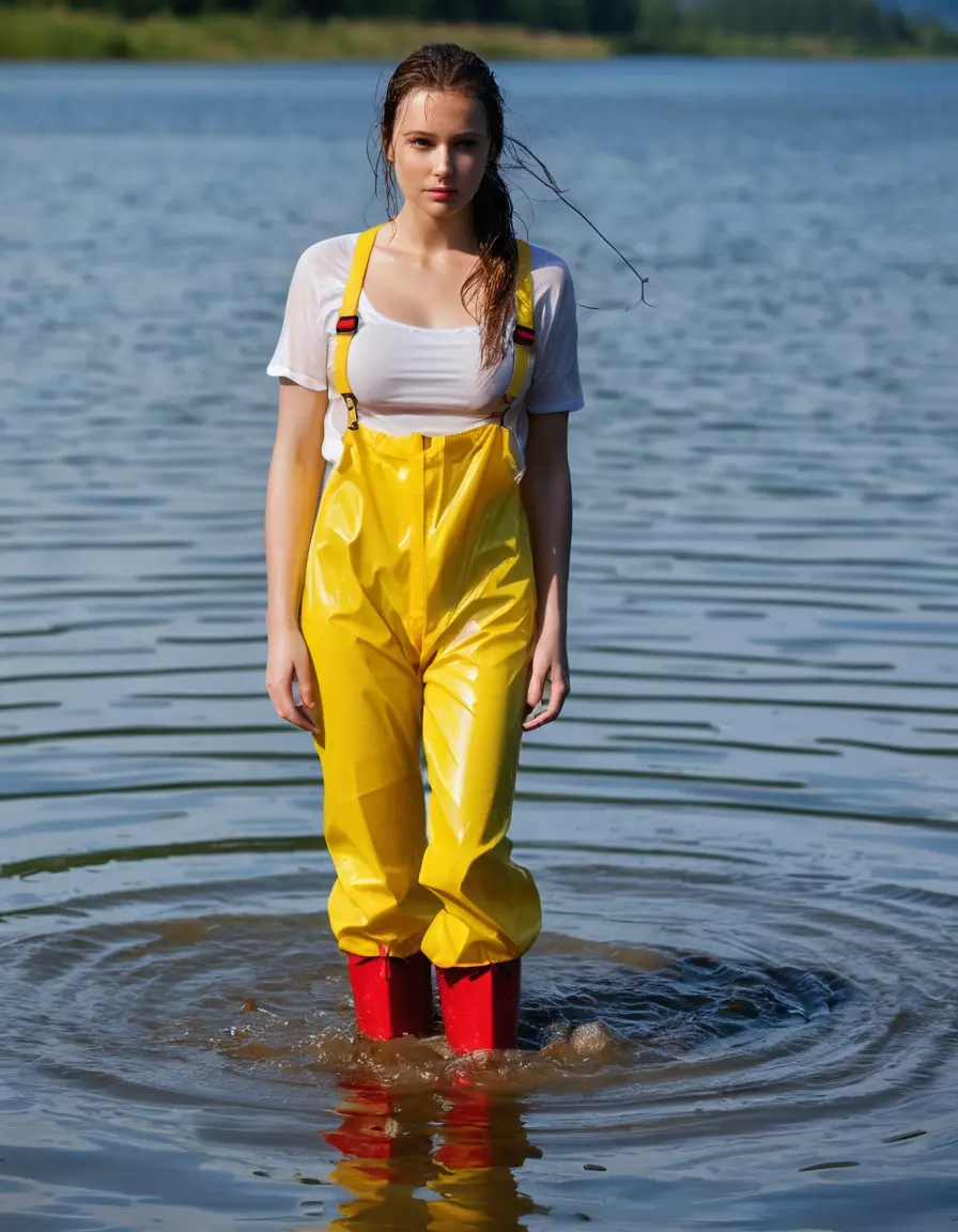 photo of young woman, in soaking wet, drenched clothes,
yellow wellies, long red shiny nylon rainpants, yellow white nylon top sideboobs over bare breasts, wading in the lake, 
enjoying, wet clothes stuck to body,
detailed textures of the wet clothes, wet face, wet plastered hair,
wet, drenched, professional, high-quality details, full body view.
sharp focus, ultra-high pixel detail, realistic, high-quality, full colors, incredibly detailed, 4k, 8k, 16k, hyper-realistic, RAW photo, masterpiece, ultra-detailed, professionally color graded, professional photograph