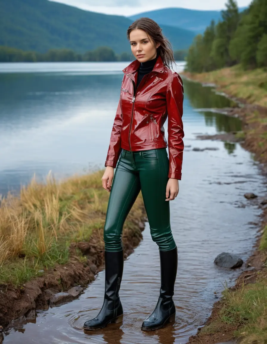 photo of young woman, in soaking wet, drenched clothes,
tight leather boots, skin red leather jeans, slim fit green biker leather jacket, tight black latex turtleneck sweater,, walking in the morning along a hiking path with a lake in the background, dirty, 
enjoying, wet clothes stuck to body,
detailed textures of the wet clothes, wet face, wet plastered hair,
wet, drenched, professional, high-quality details, full body view.
sharp focus, ultra-high pixel detail, realistic, high-quality, full colors, incredibly detailed, 4k, 8k, 16k, hyper-realistic, RAW photo, masterpiece, ultra-detailed, professionally color graded, professional photograph, white woman, long dripping wet brown hair