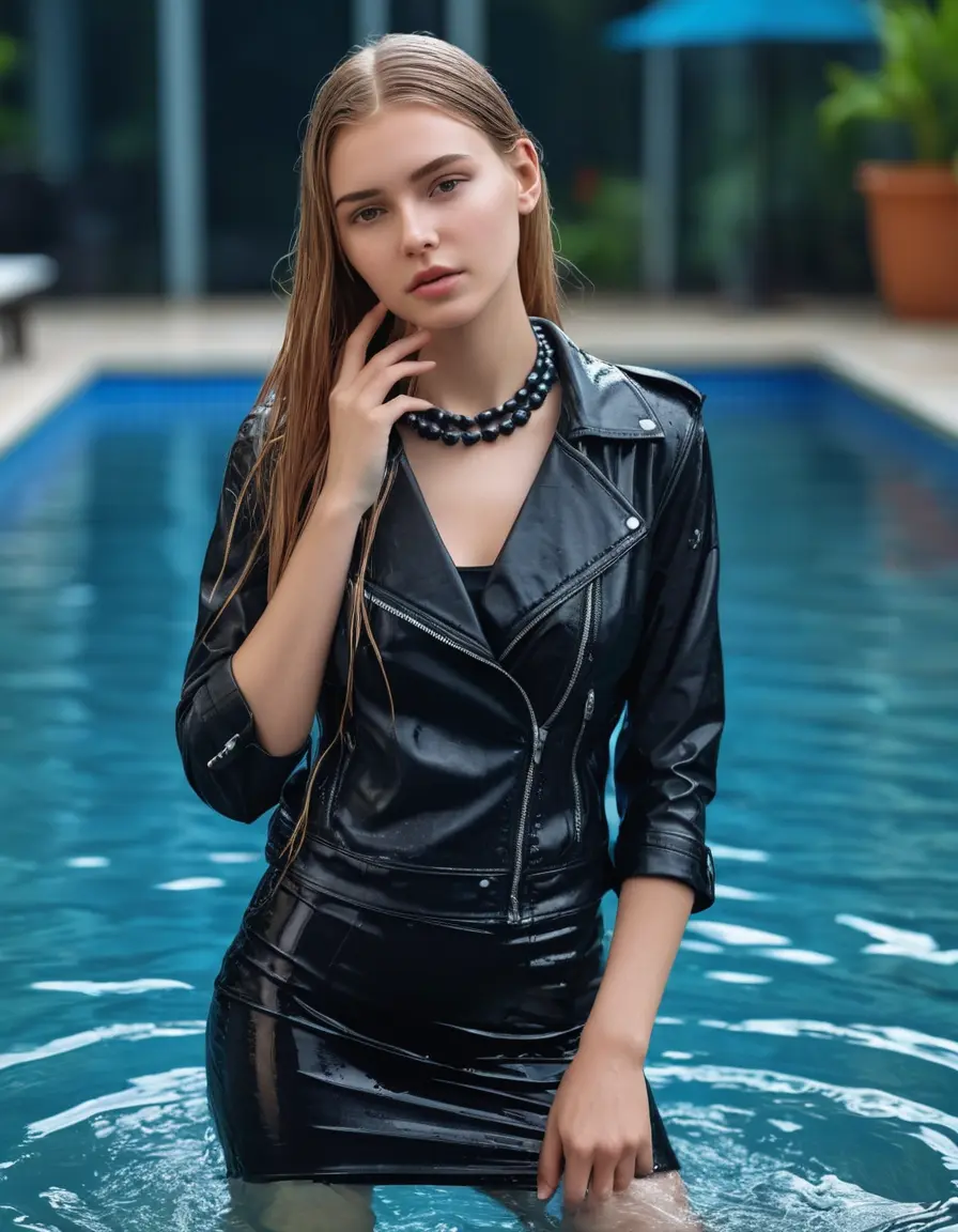 photo of young woman, in soaking wet, drenched clothes,
black leather boots, short black skirt, slim fit black biker leatherjacket,  tight sexy tshirt with wide neckline, handbag, pearl necklace, Fifteen years old horny blonde teenage girl with her Friends holds her hand over her mouth and nose lies half submerged into water at the edge of the private indoor swimming pool, 
enjoying, wet clothes stuck to body,
detailed textures of the wet clothes, wet face, wet plastered hair,
wet, drenched, professional, high-quality details, full body view.
sharp focus, ultra-high pixel detail, realistic, high-quality, full colors, incredibly detailed, 4k, 8k, 16k, hyper-realistic, RAW photo, masterpiece, ultra-detailed, professionally color graded, professional photograph, Fifteen years old, completely soaked, completely dripping wet from head to toe, very wet clothes, sleek long straight hair, worried and embarrassed facial expression, slight yawn, moaning,  all girls wear different styles of clothes, she takes her handbag with her in the water, a lot of people stands in the background, close-up, view from above, highly realistic representation, ultra sharp focus, highly photorealistic detailed facial features and expressions, highly photorealistic hands, highly best quality, highly sharp photorealistic image, highly photorealistic details, highest photorealistic wet clothes, full UHD resolution, highest photorealistic sharpness of the image, 32 K