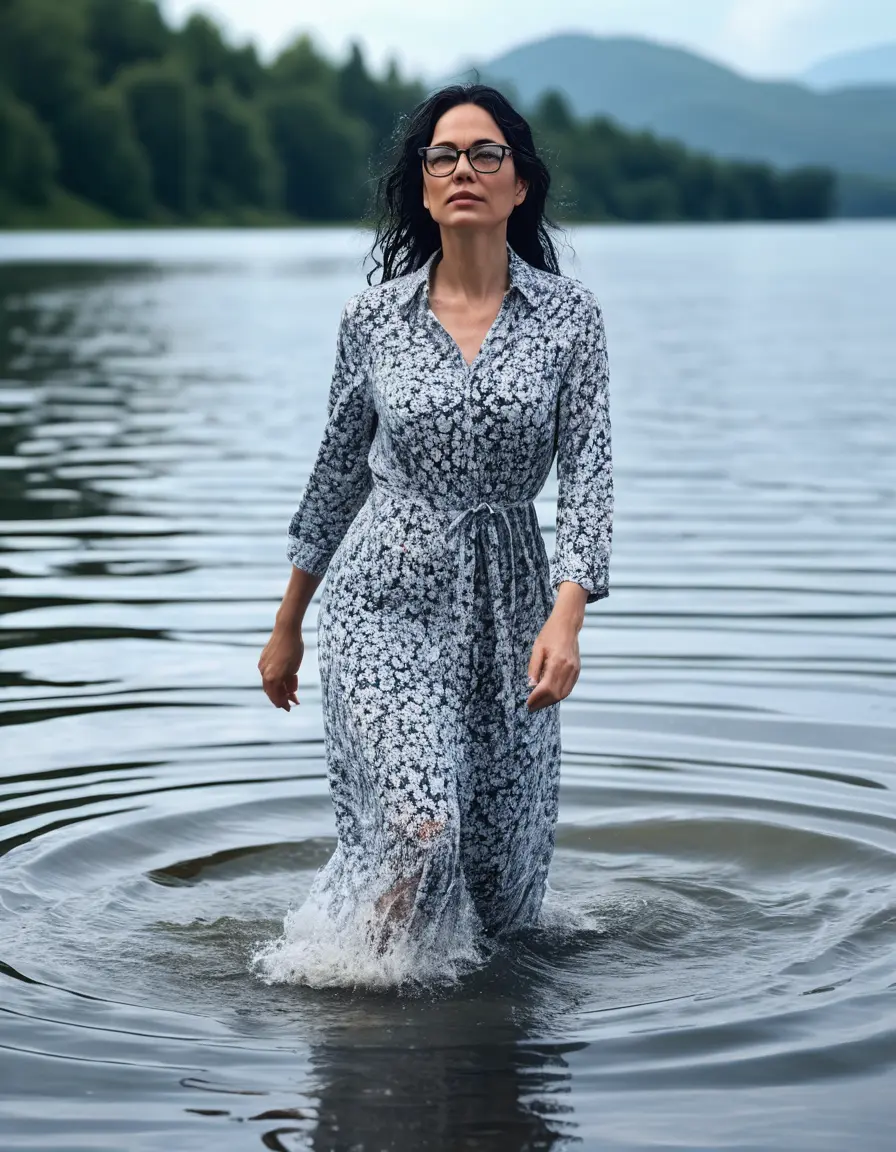 photo of young woman, in soaking wet, drenched clothes,
Sport shoes , maxi white floral dress, maxi white floral dress, walking in Sunny Deep lake, 
enjoying, wet clothes stuck to body,
detailed textures of the wet clothes, wet face, wet plastered hair,
wet, drenched, professional, high-quality details, full body view.
sharp focus, ultra-high pixel detail, realistic, high-quality, full colors, incredibly detailed, 4k, 8k, 16k, hyper-realistic, RAW photo, masterpiece, ultra-detailed, professionally color graded, professional photograph, woman 51 years old, medium black hair, very big and thick lips, office light glasses, complete body