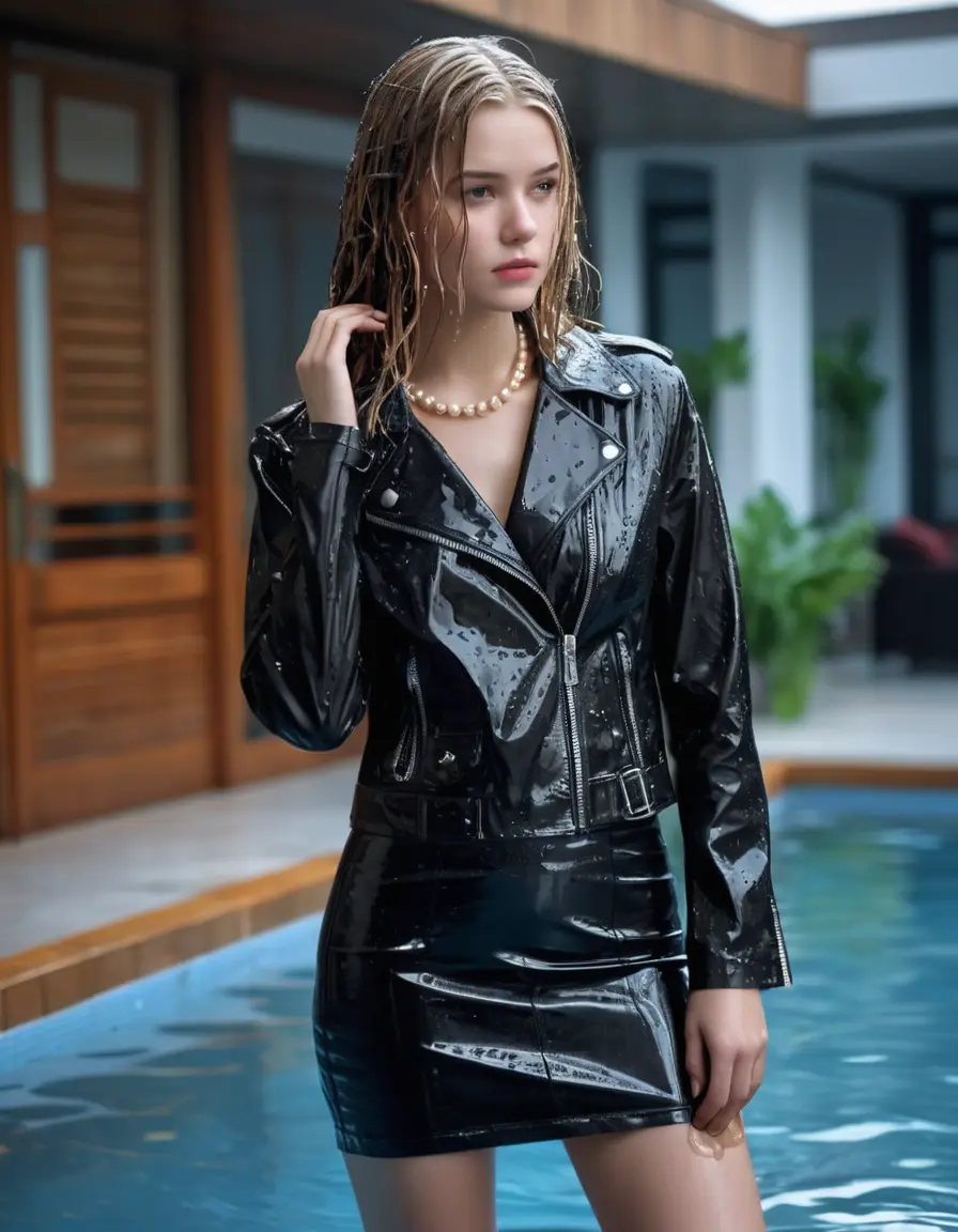 photo of young woman, in soaking wet, drenched clothes,
black leather boots, short black skirt, slim fit black biker leatherjacket,  tight sexy tshirt with wide neckline, handbag, pearl necklace, Fifteen years old horny blonde teenage girl with her Friends holds her hand over her mouth and nose lies half submerged into water at the edge of the private indoor swimming pool, 
enjoying, wet clothes stuck to body,
detailed textures of the wet clothes, wet face, wet plastered hair,
wet, drenched, professional, high-quality details, full body view.
sharp focus, ultra-high pixel detail, realistic, high-quality, full colors, incredibly detailed, 4k, 8k, 16k, hyper-realistic, RAW photo, masterpiece, ultra-detailed, professionally color graded, professional photograph, Fifteen years old, completely soaked, completely dripping wet from head to toe, very wet clothes, sleek long straight hair, worried and embarrassed facial expression, slight yawn, moaning,  all girls wear different styles of clothes, she takes her handbag with her in the water, a lot of people stands in the background, close-up, view from above, highly realistic representation, ultra sharp focus, highly photorealistic detailed facial features and expressions, highly photorealistic hands, highly best quality, highly sharp photorealistic image, highly photorealistic details, highest photorealistic wet clothes, full UHD resolution, highest photorealistic sharpness of the image, 32 K
