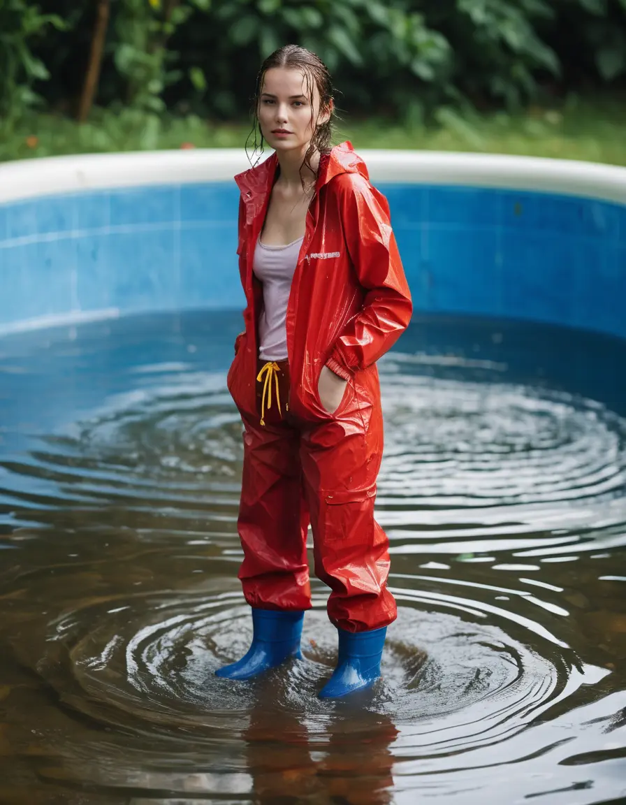 photo of young woman, in soaking wet, drenched clothes,
red wellies, yellow shiny nylon rainpants, red shiny nylon cargoule, pool, 
enjoying, wet clothes stuck to body,
detailed textures of the wet clothes, wet face, wet plastered hair,
wet, drenched, professional, high-quality details, full body view.
sharp focus, ultra-high pixel detail, realistic, high-quality, full colors, incredibly detailed, 4k, 8k, 16k, hyper-realistic, RAW photo, masterpiece, ultra-detailed, professionally color graded, professional photograph