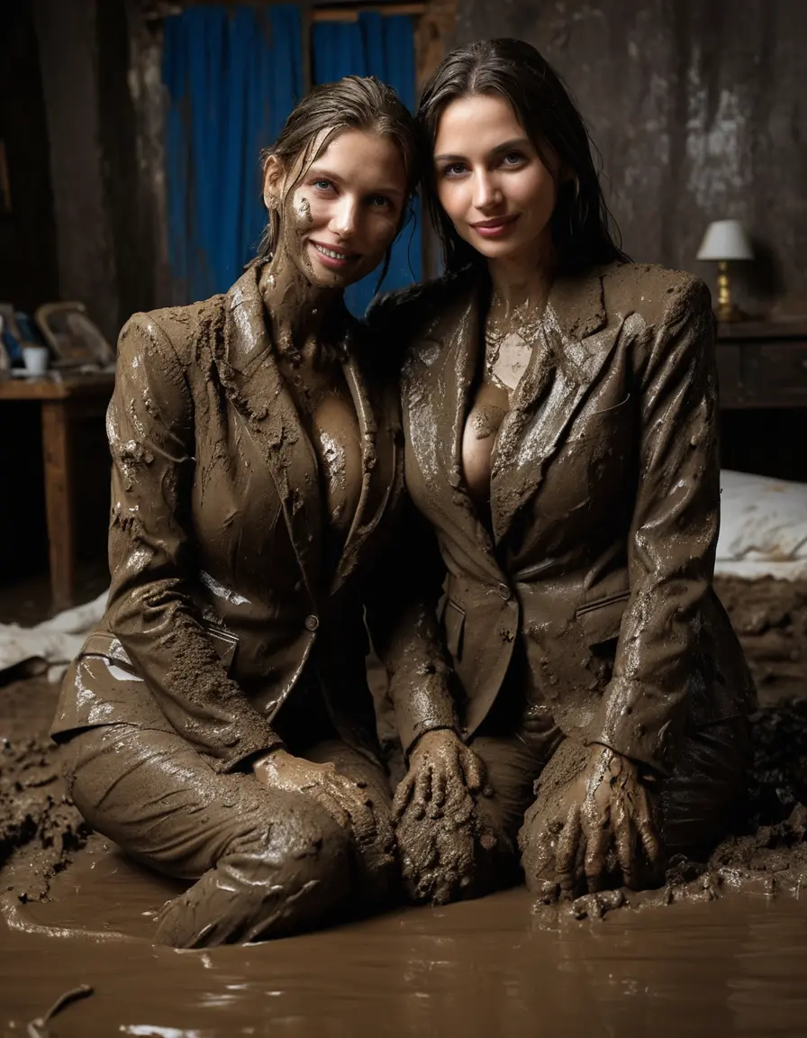 photo of young woman, in soaking wet, drenched clothes,
Muddy high heels, Long very muddy suit pants, Full muddy ruined fully-opened blazer like a fancy uniform over topless with exposed super large heavy saggy muddy boobs., Muddy party in a dark muddy indoor bedroom. Mud splashed walls with mud-flooded floor. Dark mood lighting with pink and blue neon lights. Muddy furnitures and mud-covered bed.., 
enjoying, wet clothes stuck to body,
detailed textures of the wet clothes, wet face, wet plastered hair,
wet, drenched, professional, high-quality details, full body view.
sharp focus, ultra-high pixel detail, realistic, high-quality, full colors, incredibly detailed, 4k, 8k, 16k, hyper-realistic, RAW photo, masterpiece, ultra-detailed, professionally color graded, professional photograph, An elegant fifty years old classy skinny fit beautiful sexy business mature lady is seducted a young cute girl and laying together on the top of the muddy double bed while they are hugging each other. They are wearing their fully and heavily mud-covered opened suits and they are exposing their muddy boobs. Thick mud on their blazers and deep open cleavages. Every small details of the old women are muddy. Their blazer has the same colour as their muddy pants. They are proudly wearing their expensive open blazers and fhe woman flaunting herr huge muddy boobs and large muddy cleavage for the young one. Focus on the muddy boobs and cleavages. The classy elegant room is totally destroyed by mud, deep liquid mud on the bed, on the floor, mud spots everywhere, mud flows down on the walls, muddy pillows, muddy bedsheets. Straight very long open wavy hairstyle, muddy hair, smiling and beautiful clean faces, blue eyes, earrings, lipstick. The women enjoying to being total muddy on the bed, being sexy, naughty while they are enjoying the muddy fetish party. Realistic huge saggy muddy boobs and nipples and photorealistic detailed smiling facial expressions. Intimate close-up picture about the women from above. Close-up photo, highly realistic representation, ultra sharp focus, highly photorealistic detailed textures, highly photorealistic detailed facial features and expressions, highly photorealistic hands, highly emotional reactions, highly best quality, highly sharp photorealistic image, highly photorealistic details, full UHD resolution, 32 K, very high level of detail and image sharpness, zoomed in