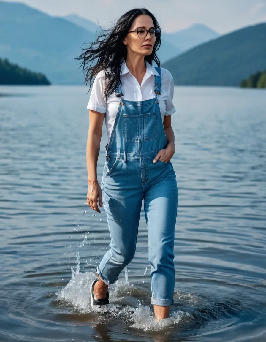 photo of young woman, in soaking wet, drenched clothes,
Sport shoes , long light blue tight jeans overall with short sleeves, long light blue tight jeans overall with short sleeves, walking in Sunny Deep lake, 
enjoying, wet clothes stuck to body,
detailed textures of the wet clothes, wet face, wet plastered hair,
wet, drenched, professional, high-quality details, full body view.
sharp focus, ultra-high pixel detail, realistic, high-quality, full colors, incredibly detailed, 4k, 8k, 16k, hyper-realistic, RAW photo, masterpiece, ultra-detailed, professionally color graded, professional photograph, woman 51 years old, long black hair, very big and thick lips, office light glasses, complete body, open mouth